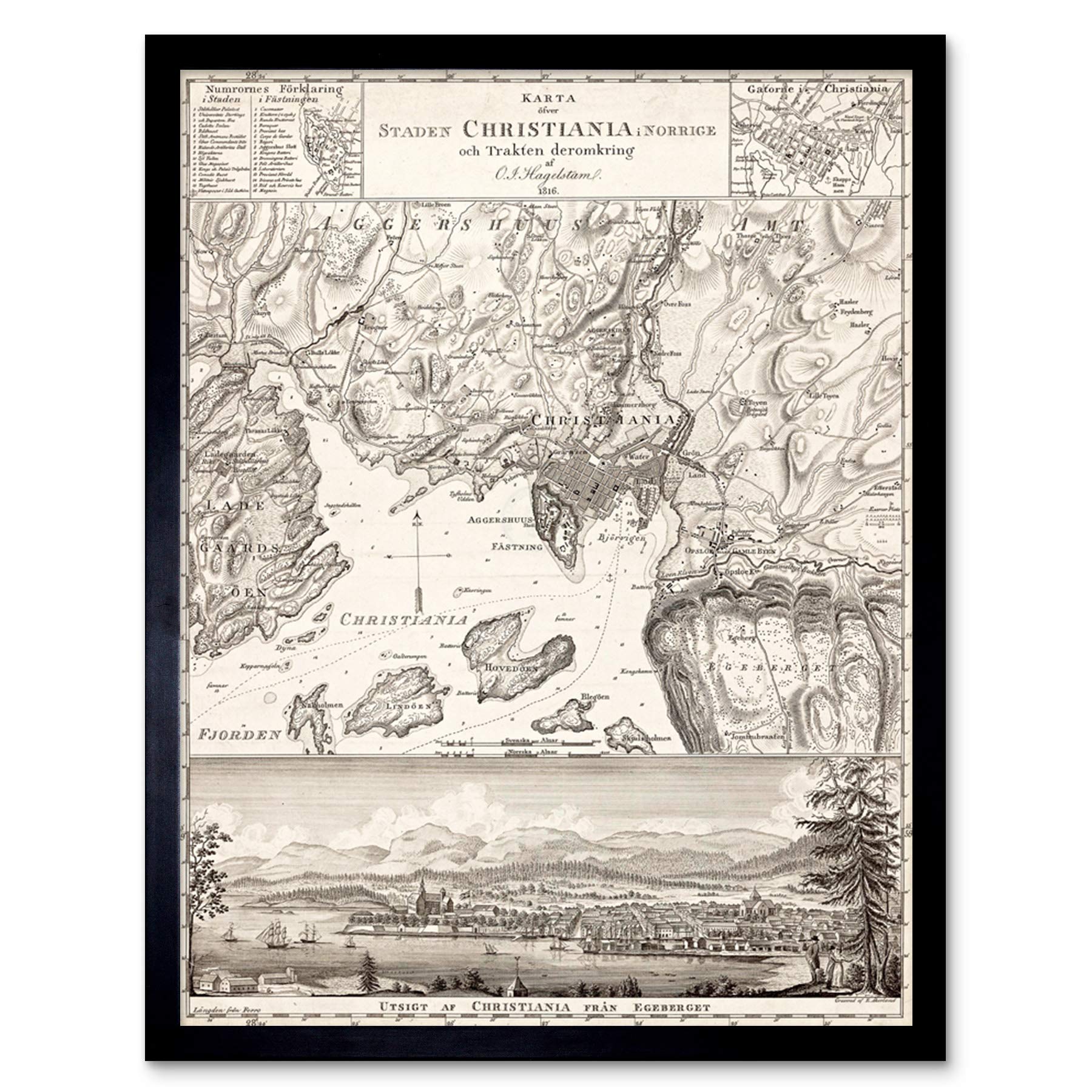 Map Hagelstram 1816 Christiana Oslo Norway Art Print Framed Poster Wall Decor 12x16 inch
