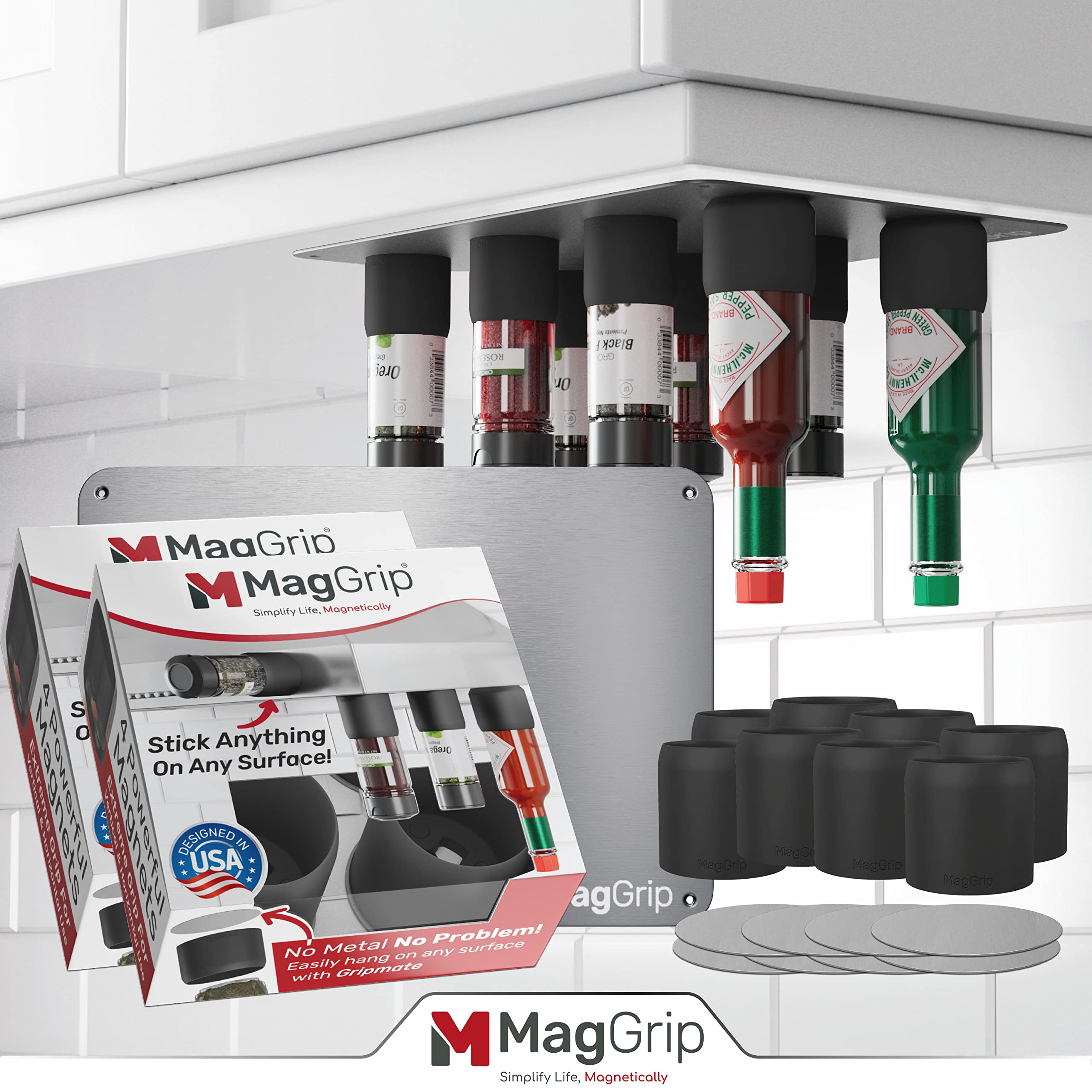 MagGrip Bundle | Holds 1.7"- 2” | 8 pack | Magnetic Spice & Medicine Organizer | Ultra Strong Magnets Hold Spice Jars, Pill Bottles & More | Includes Adhesive Metal Disks & Large Metal Plate (Black)