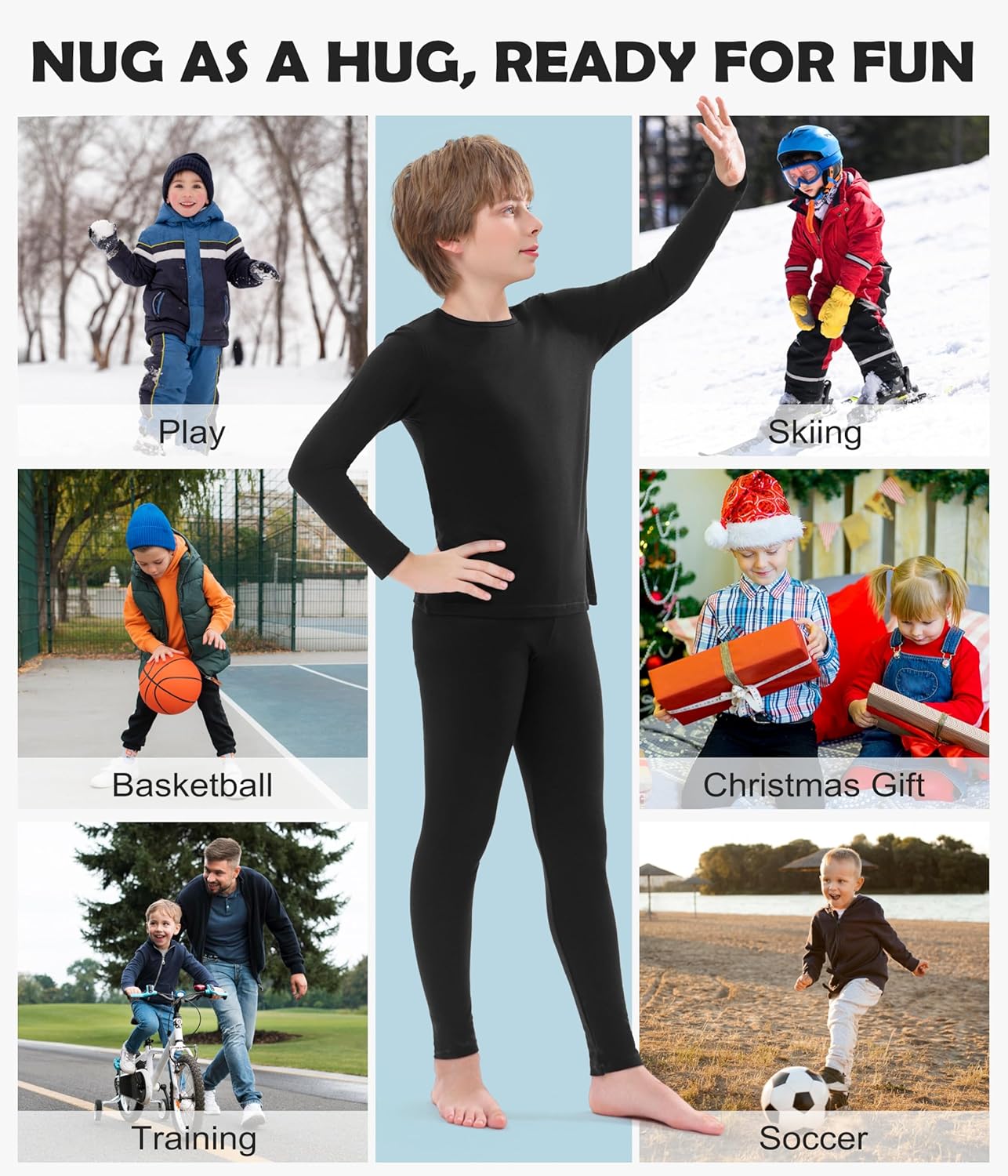Merino Wool Base Layer Kids Set, Thermal Underwear for Unisex Kids Wool Base Layer Top Bottom - Image 5