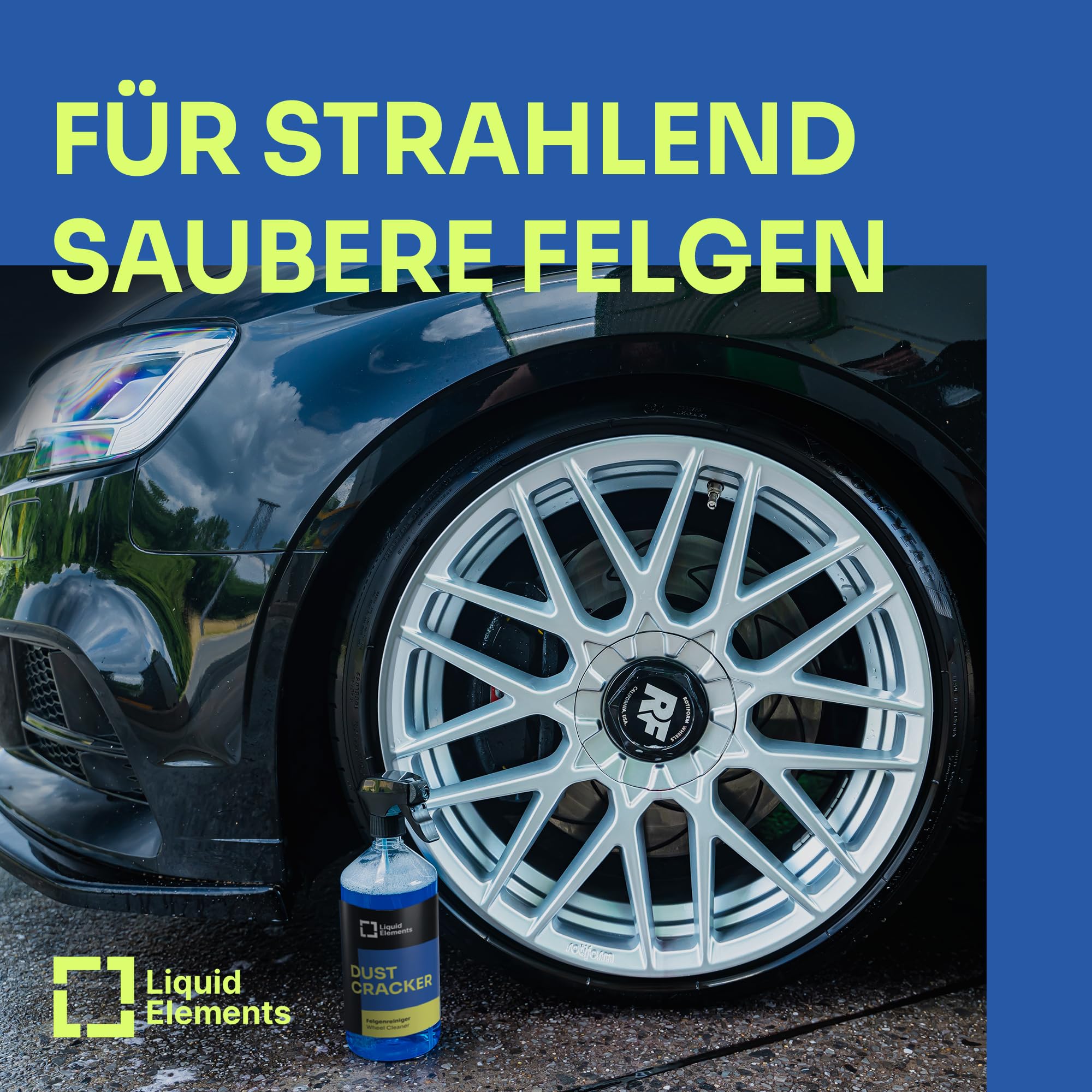 Liquid Elements Dust Cracker Set Ultra, 3x1L + Bürste M & XL + Tücher | Felgenreinigerspray inkl. Sprühflasche, für alle Felgentypen, säurefrei, effektive Reinigung & Pflege