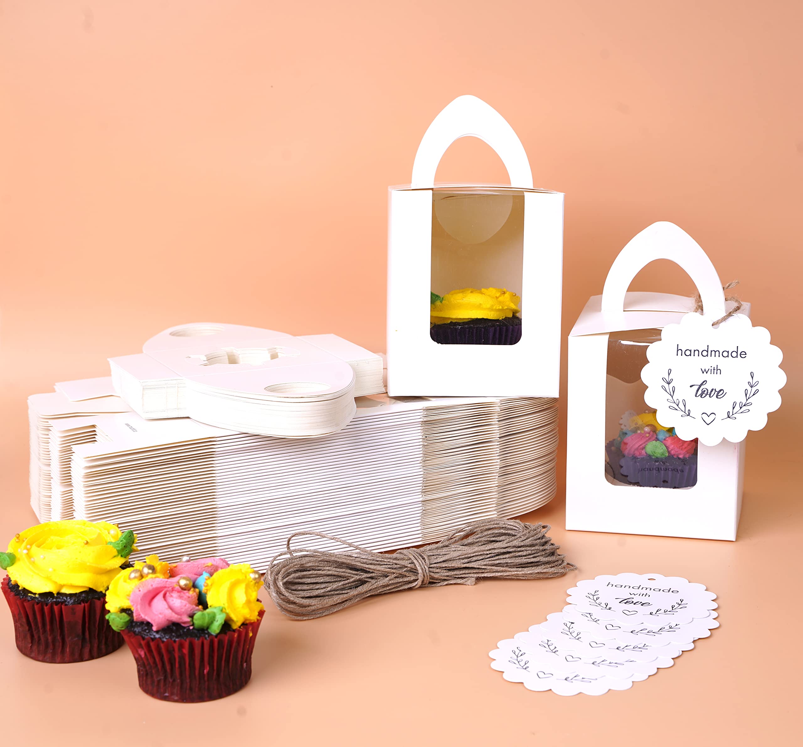 Paper White Cupcake Boxes, Single Cupcake Carrier With Window Insert And Handle White Pastry Containers Muffins Cupcake Carriers For Bakery Wrapping Party Favor Packing (25)