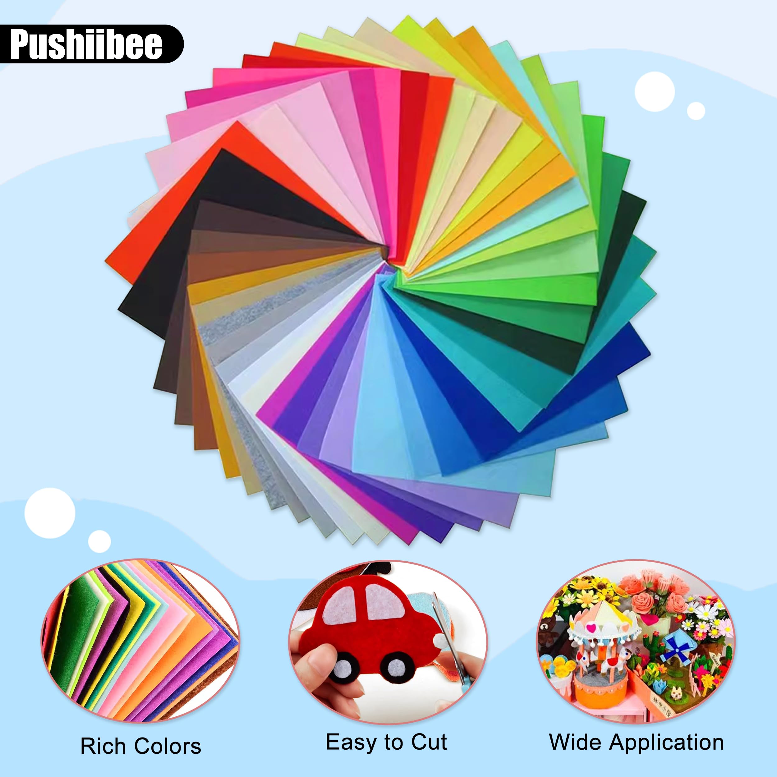 Pushiibee Fieltro para Manualidades de Colores, 80 Piezas Fieltro para Manualidades DIY, 2 Tamaños Tela de Fieltro 40 Colores Hojas de Fieltro de Poliéster para Coser y Manualidadess — view 3
