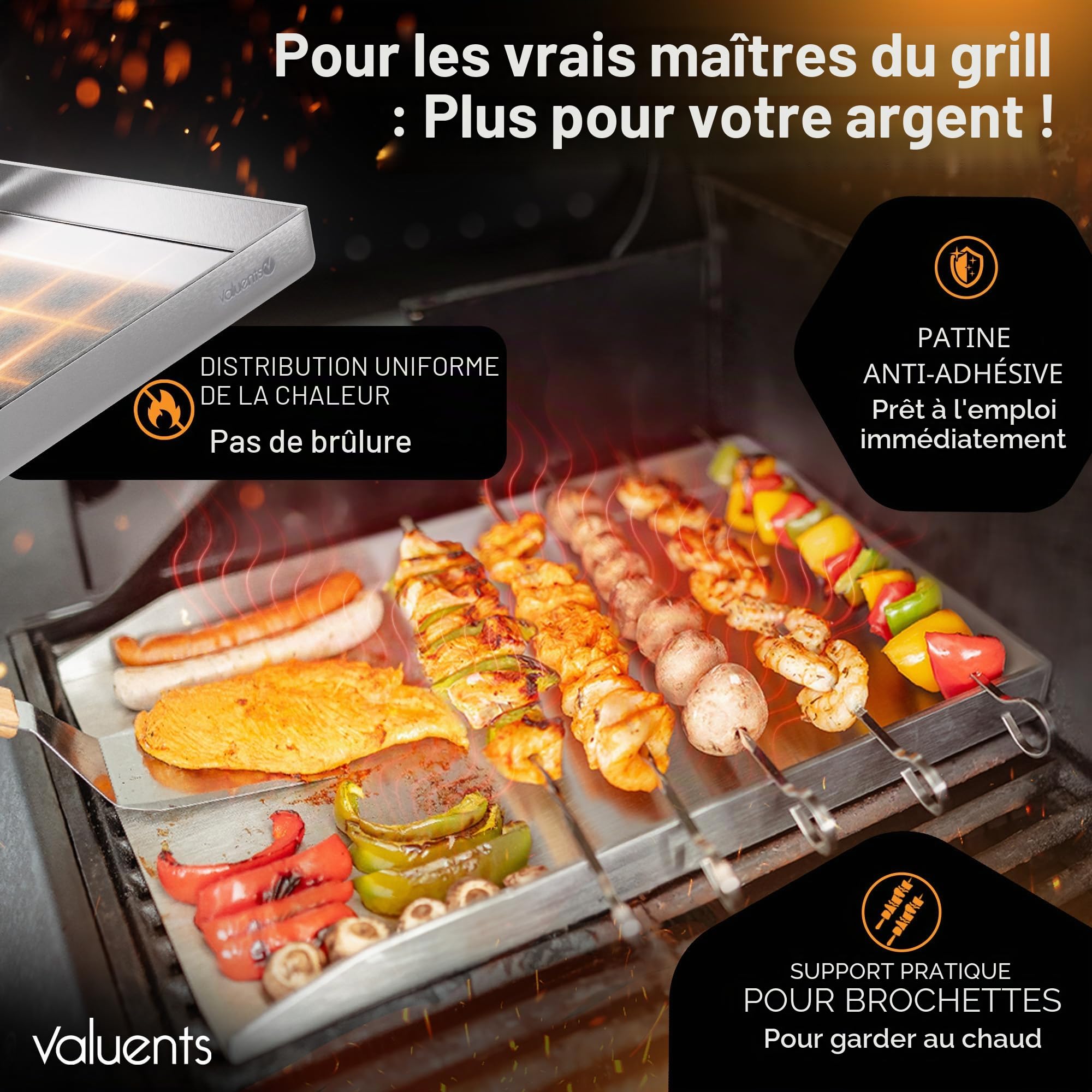 Plancha en acier inoxydable 40 x 30 cm pour barbecue gaz et charbon