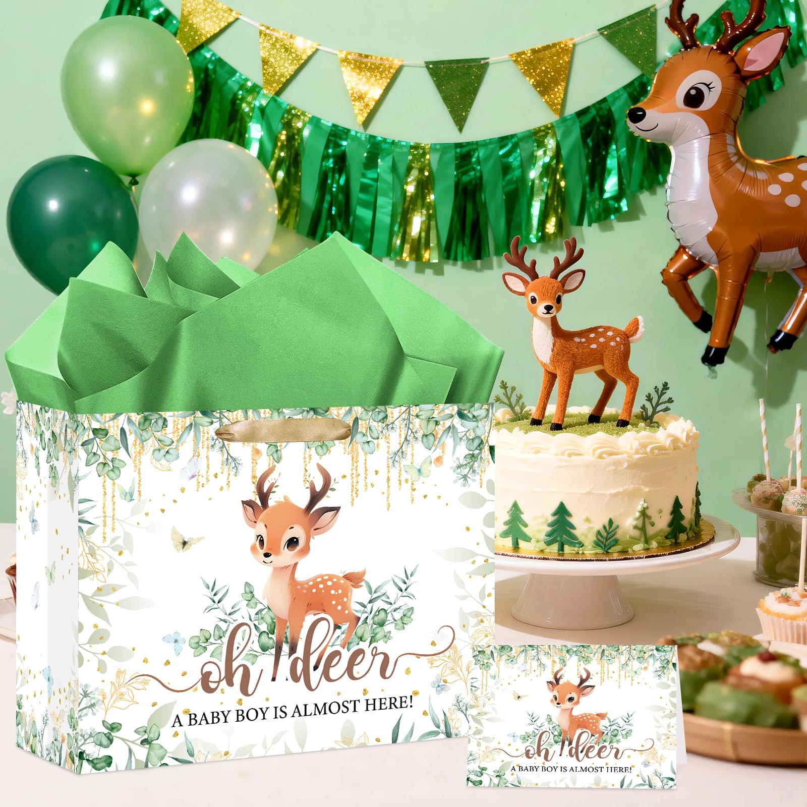 Deer Baby Shower Bag Decorations for Boys Oh Deer Gift Wrap Bag with Wrapping Paper Card Woodland Party Favors A Baby Boy Is Almost Here Goodie Bags for Newborn Kids Birthday Gender Reveal Supplies
