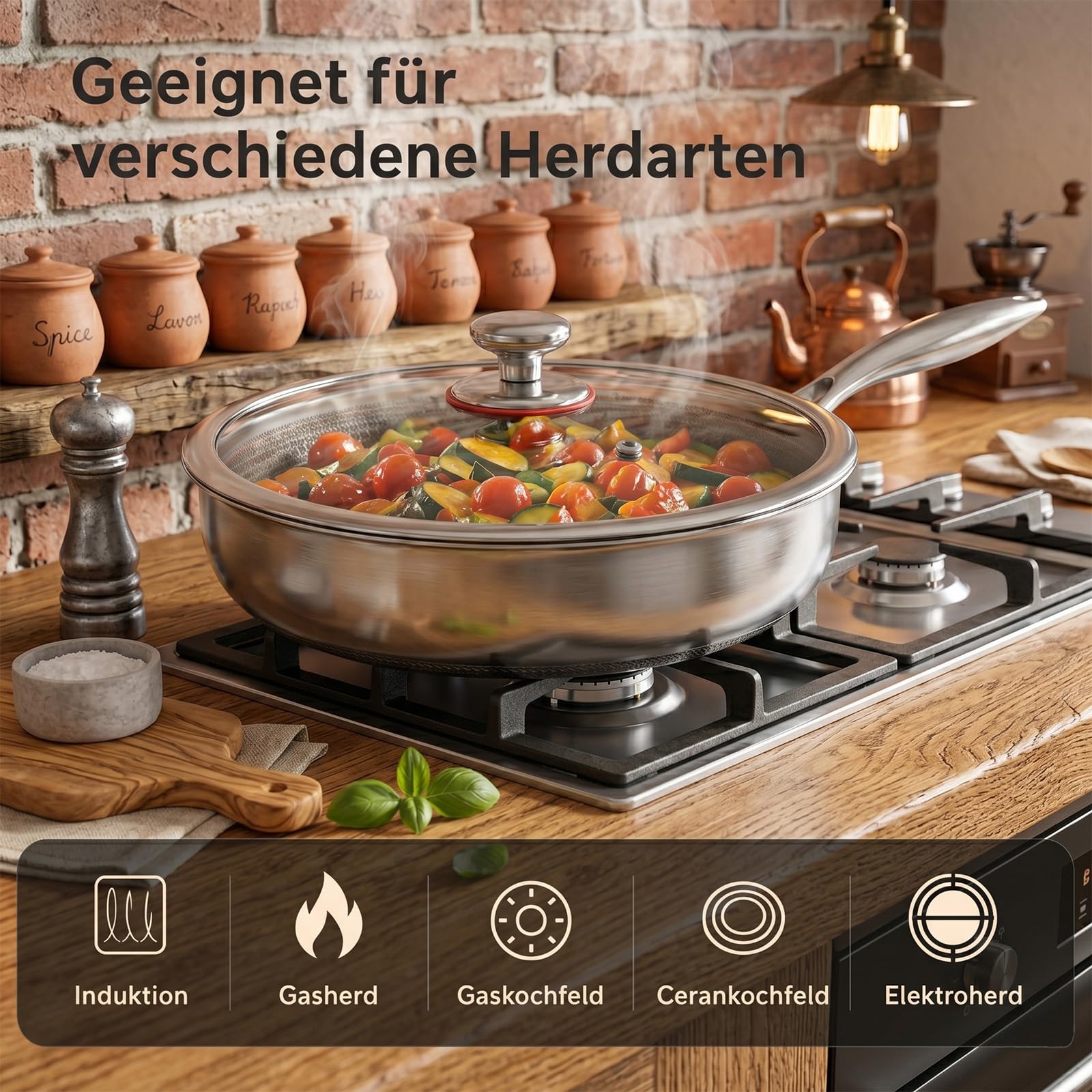 Titan Pfanne, Titan Bratpfanne, 28 CM Titanium Pfanne Unbeschichtet,Titanium Hammered Pan Pro mit Deckel, Physikalische Antihaft-Struktur durch gehämmertes Muster, Für alle Herdarten Induktion