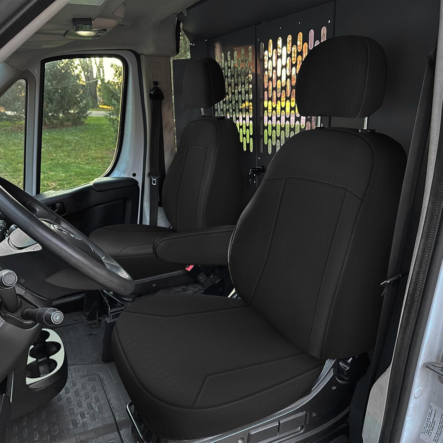 Front Bucket Seat Covers Compatible with 2013-2020 Dodge Ram Promaster Van, Armrest on Drivers Only, Breathable Automotive Cover Cushion Accessories, Black
