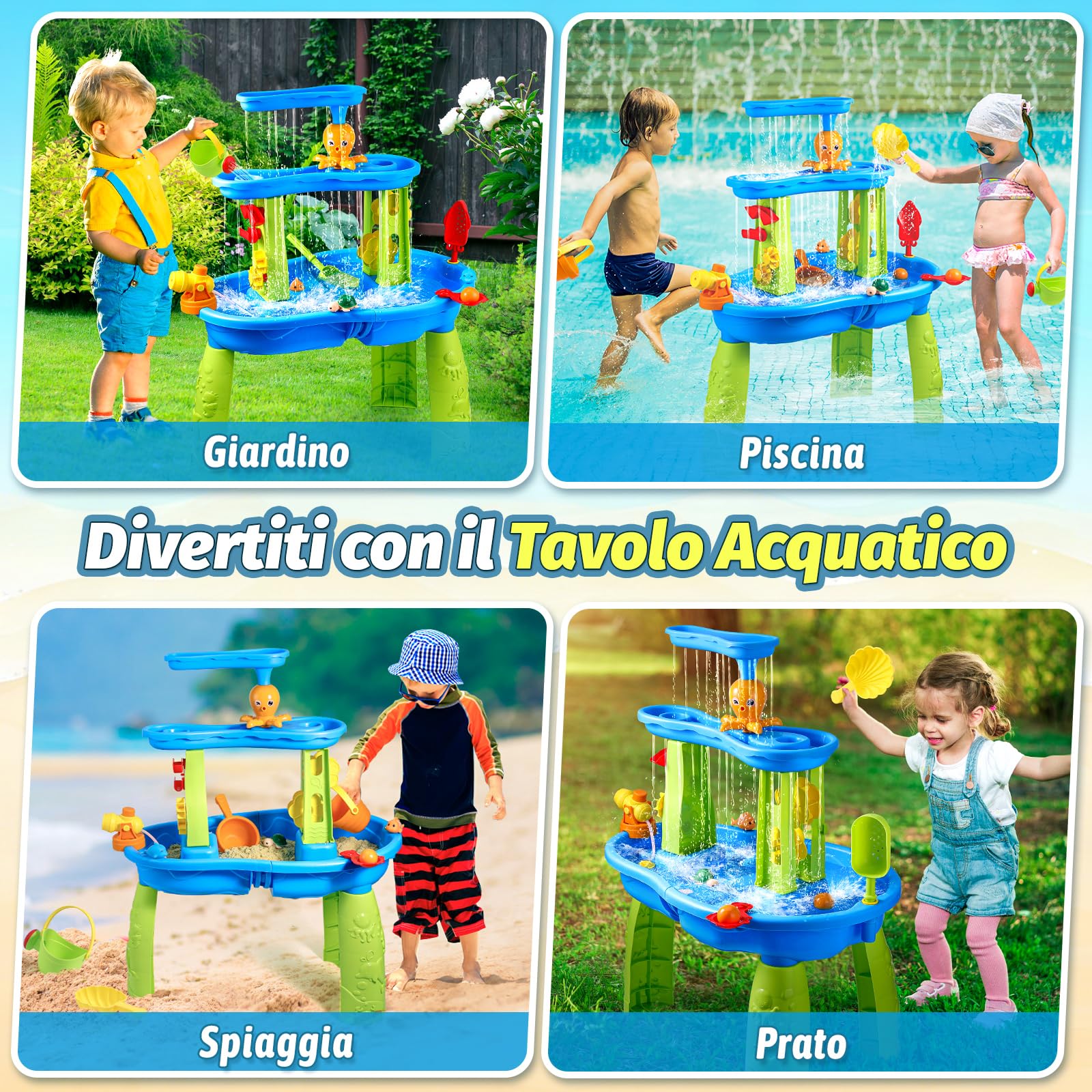FRUSE Tavolo d'Acqua per Bambini a 3 Livelli per Bambini 3 4 5 6 Anni | Giochi Acqua, Attività Sensoriali, Facile da Montare e Pulire, Tavolo Acquatico, per Spiaggia, Giardino, da Interno e Esterno