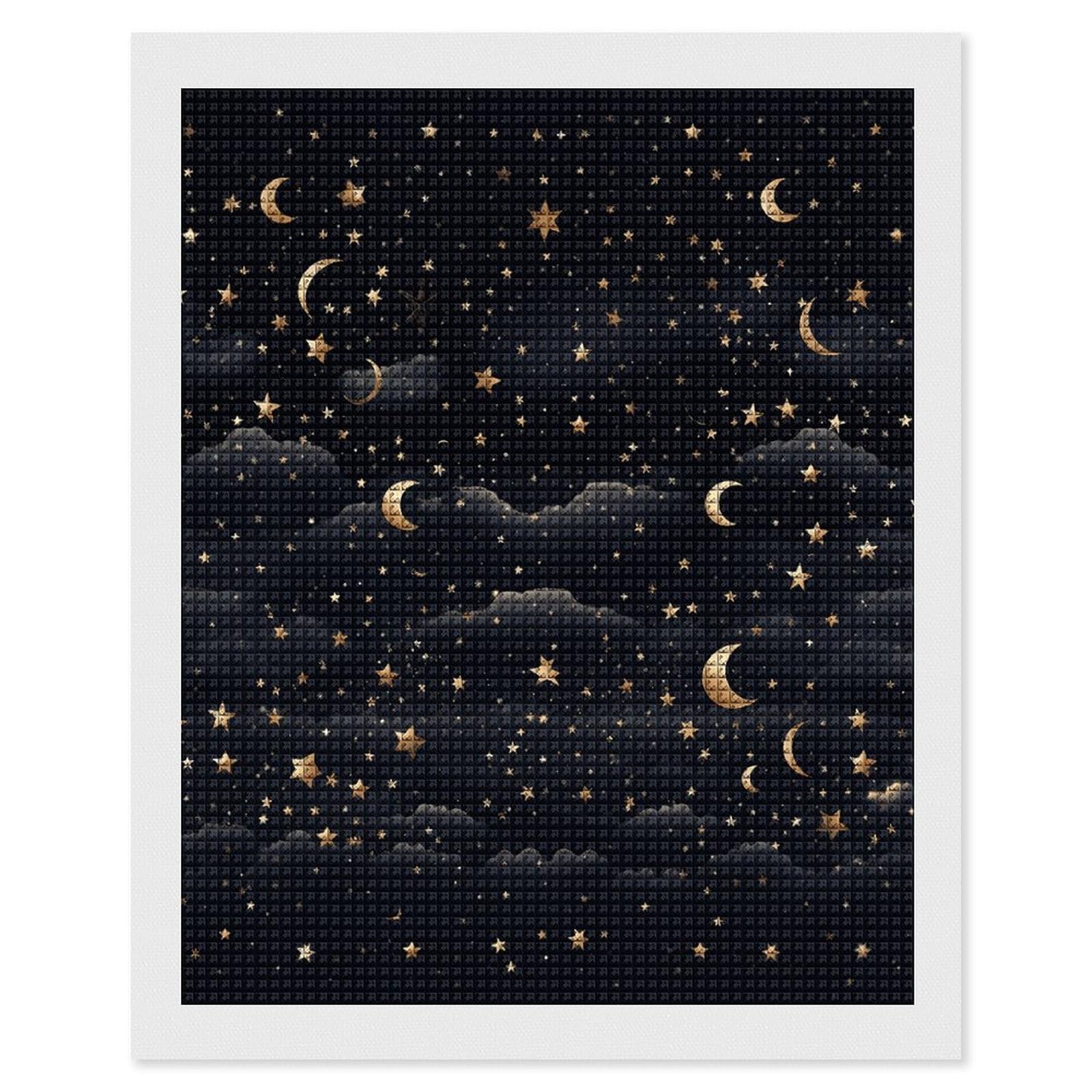 Stars And Moon on Dark Background Diamond Art Kits for Adults, DIY 5D Diamonds Painting Kits for Beginner, Round Full Drill Diamond Dots Painting, 16"x20" Diamonds Pictures Gem Art And Crafts Wall Dec
