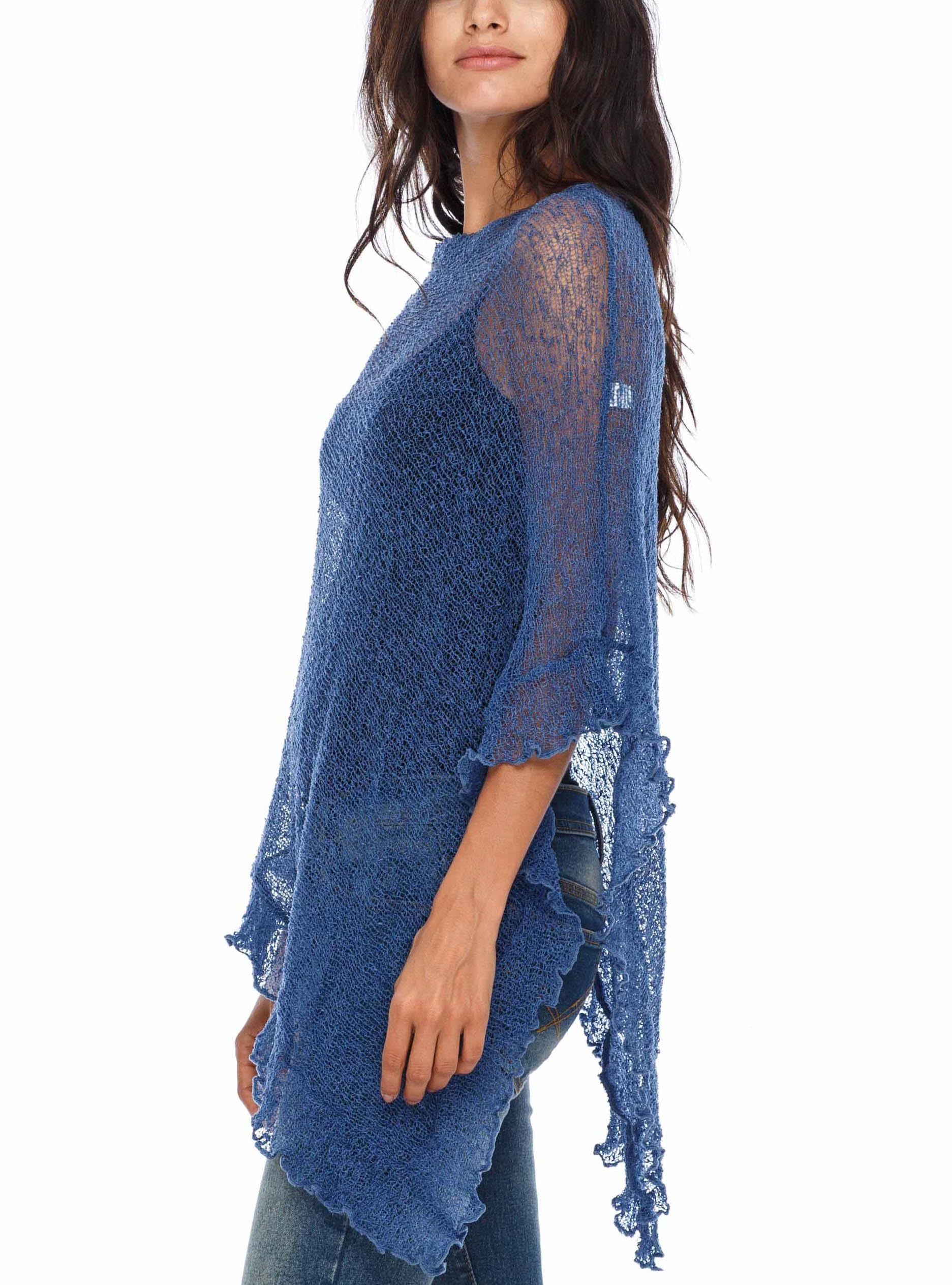SHU-SHI - Jersey de estilo capa para mujer - Con volante y transparencias - Punto ligero