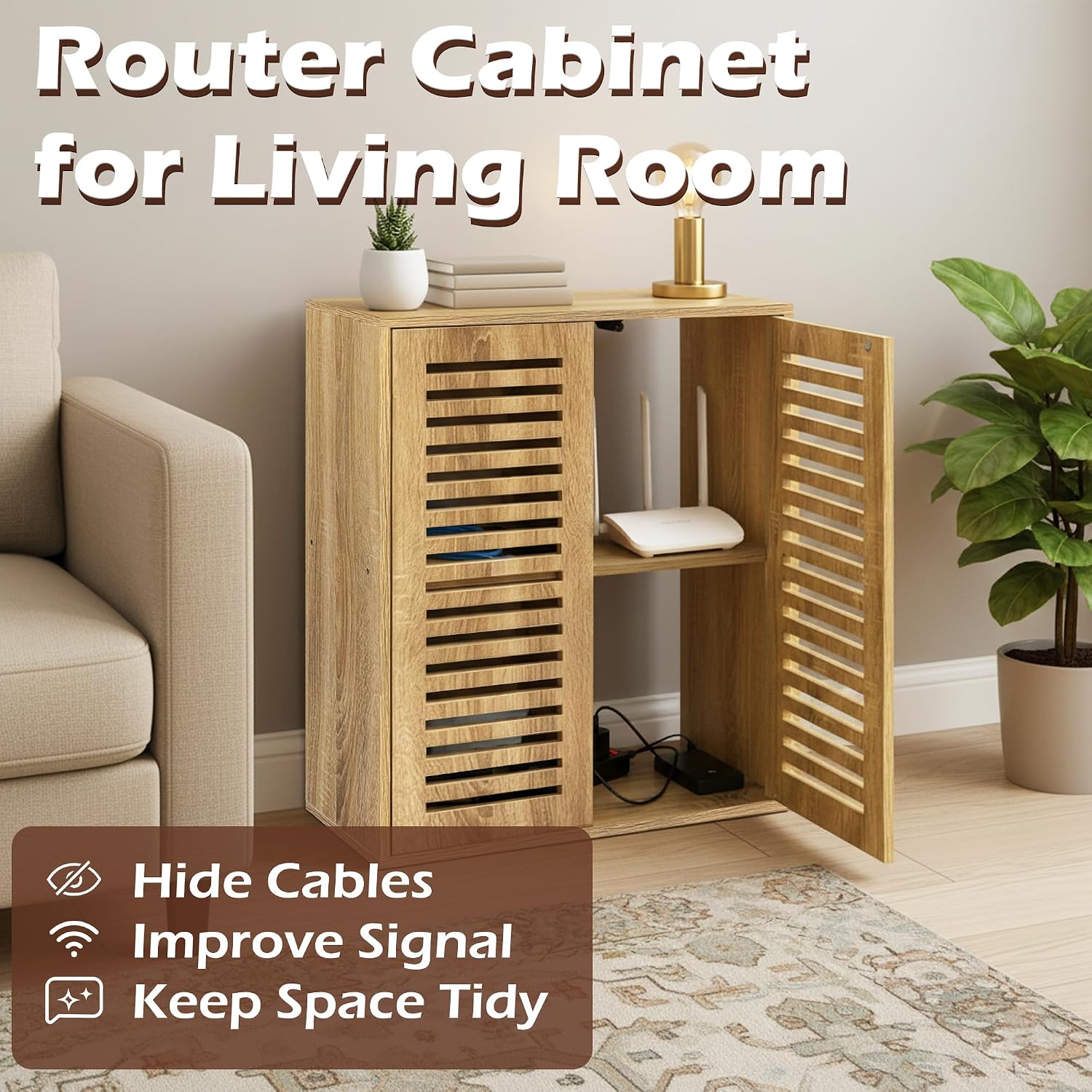 WiFi Router Storage Cabinet, Floor Standing Router Storage Box Modem, Multi-Functional Router Storage Box, Power Strip and Cable Management Hider Organizer for Living Room, Office, Bedroom, White Oak
