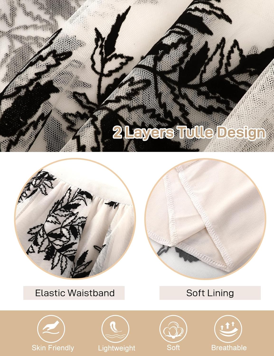 Flygo Women's Midi Long Tulle Skirts Dressy Casual Elegant A-Line Elastic Waist Foliage Embroidery Mesh Skirt - Image 6