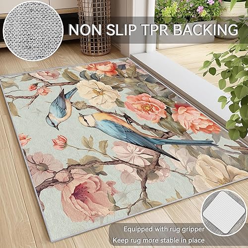Miniatura 6 de Bird Flower Rugs for Bedroom 5x7 - Retro Floral Carpet for Living Room, 70s Rustic Washable Area Rug & Home Decor, Soft Low Pile Non Slip Indoor