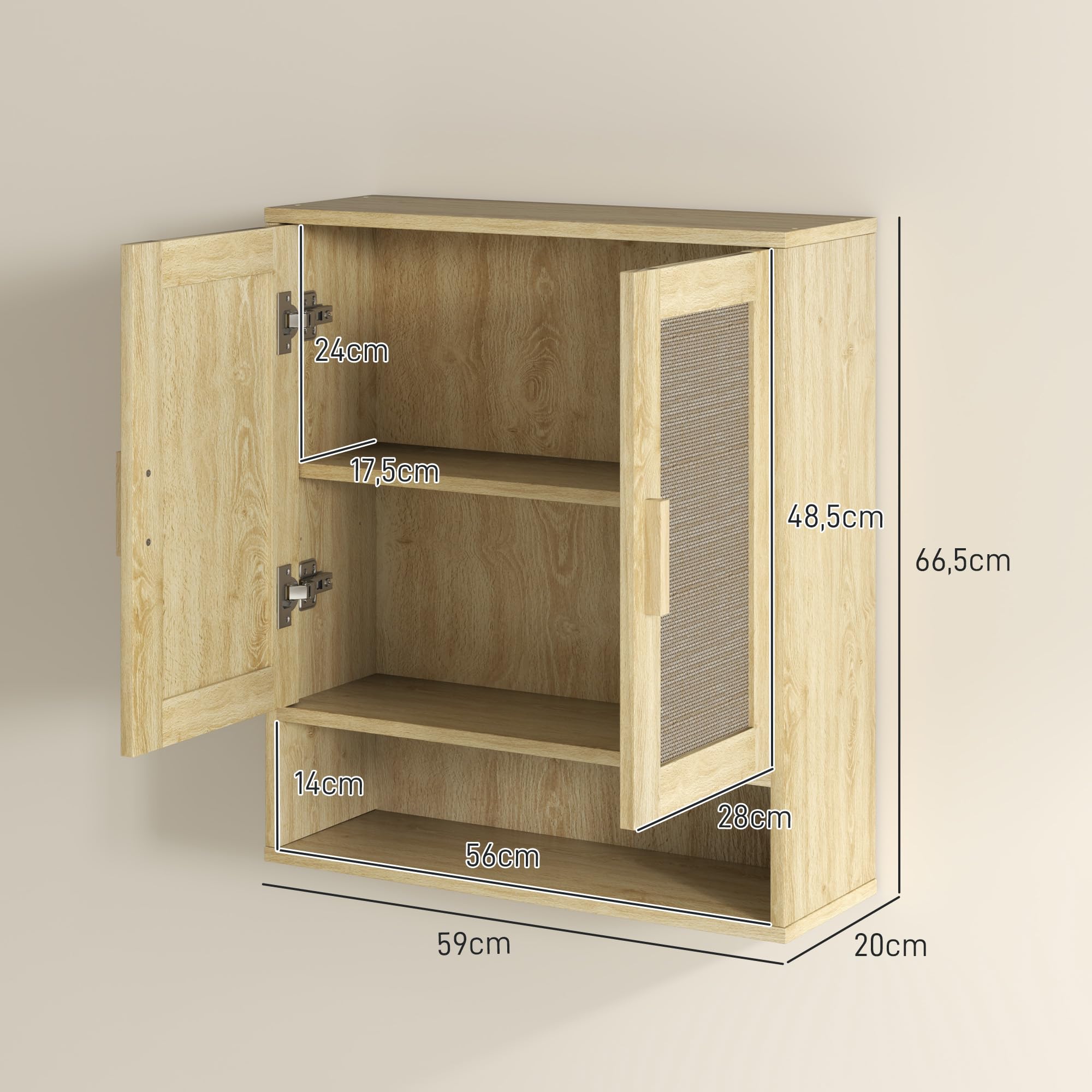 HOMCOM Meuble Mural Salle de Bain 59 x 20 x 66,5 cm Effet Bois de Chêne | Meuble WC Suspendu, Étagère Réglable, Double Porte, Étagère Ouverte