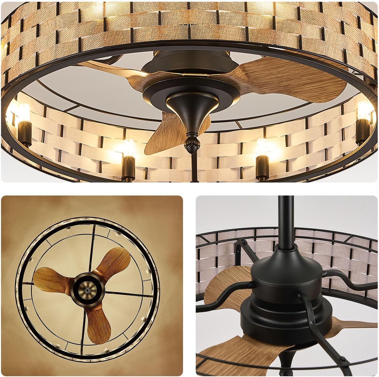Orison 24" Caged Ceiling Fan with Lights, 2 Ways Control(App&Remote Control), Light Kit Included(8 Bulbs), Modern Farmhouse
