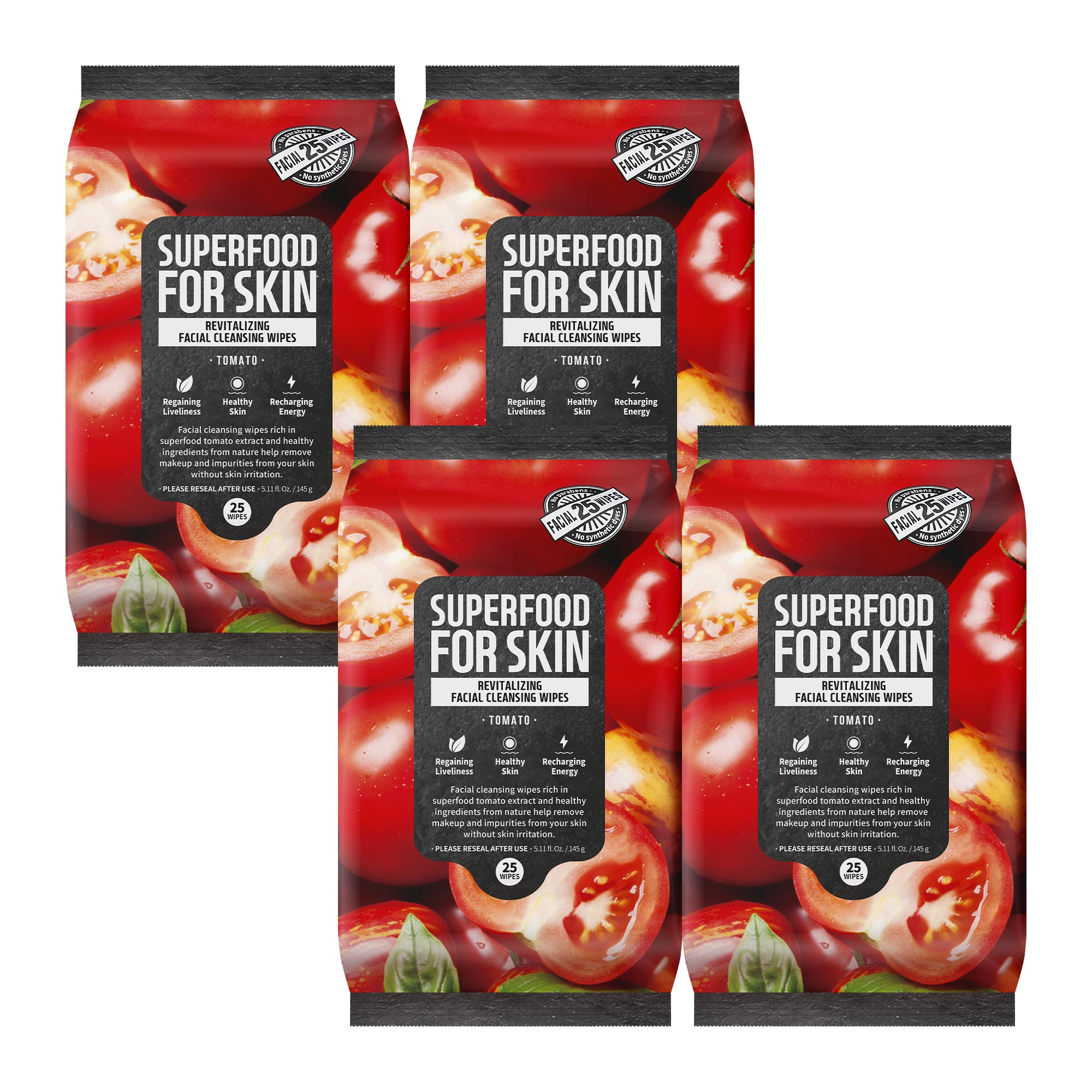 FARMSKIN Superfood For Skin Facial Cleansing Wipes Makeup Daily Remover Quick and Easy Revitalizing Tomato, 25 count (Pack of 4), Cruelty free