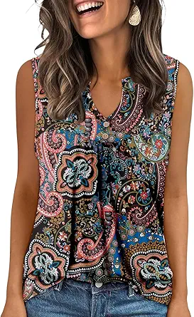 KISSMODA Tank Tops for Women Summer Casual Sleeveless Shirts Dressy Trendy V Neck Tunics Loose Notched Blouses S-3XL
