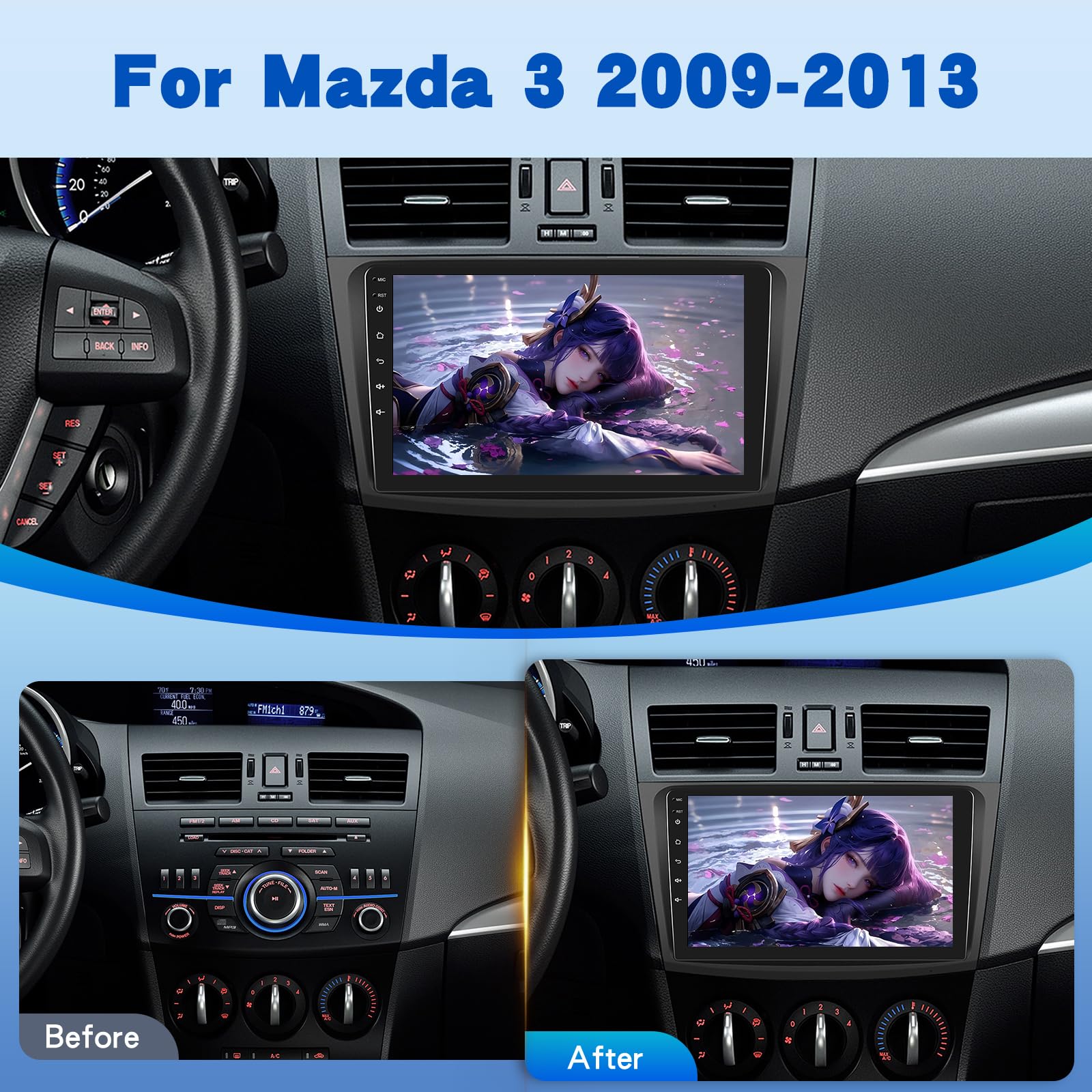 2G+64G Android Autoradio für Mazda 3 2009-2013, 9-Zoll-Touchscreen-Radio mit Kabellosem Carplay & Android Auto/WiFi/GPS/Bluetooth4.0/EQ/FM RDS Radio+Rückfahrkamera +Mikrofon
