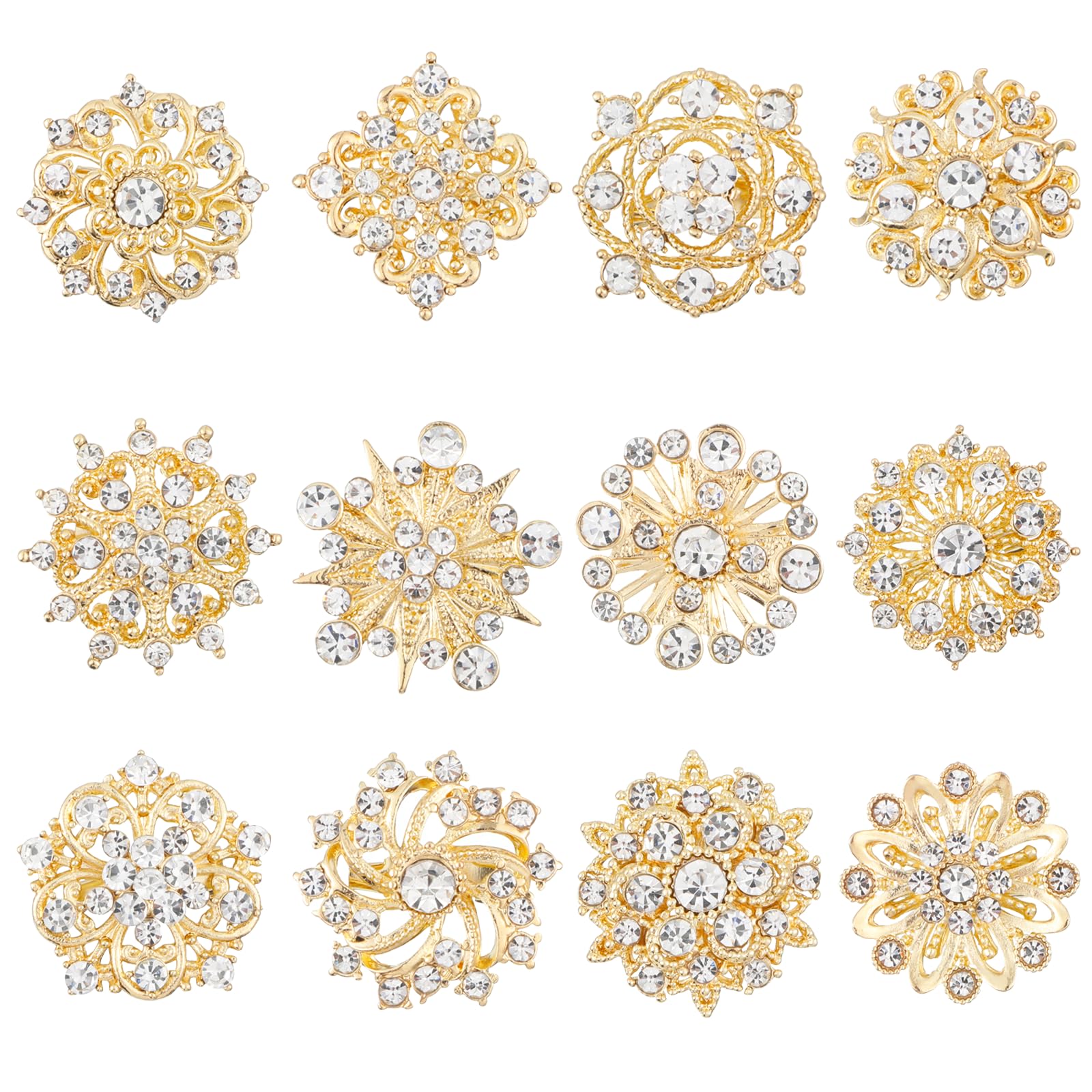 12 Pcs Crystal Rhinestone Flower Brooch Pins Gold Brooches For Women Brooch Pins for Crafts Wedding Bouquet Brooches Lapel Badge DIY Decoration-image-46