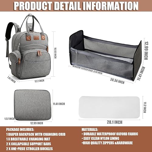 Miniatura 4 de Heegel Mochila multifuncional impermeable para pañales - Bolsa de pañales de gran capacidad con mochila para pañales de bebé, Gris, Ocio