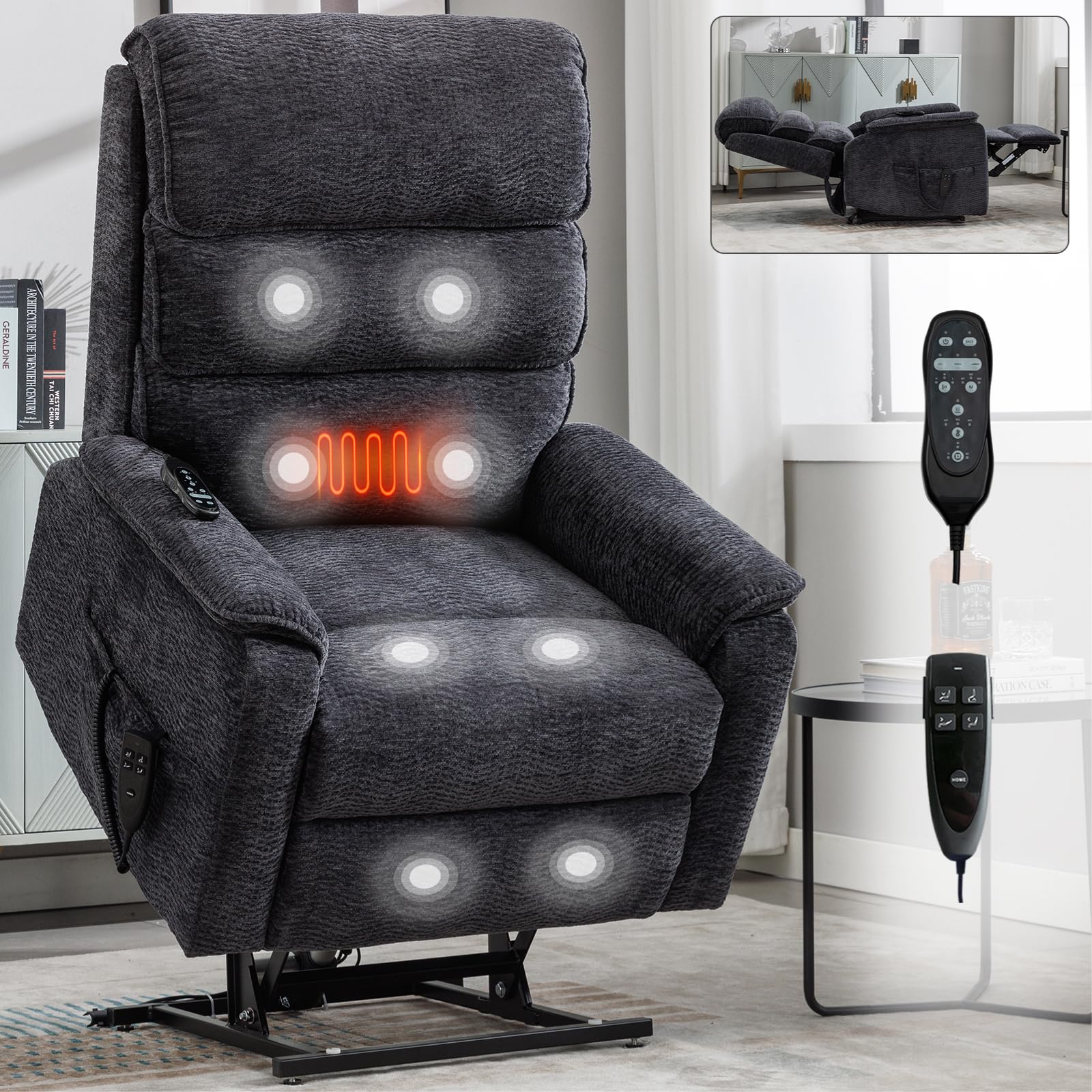 Kangmusi Grey Chenille Dual Motor Infinite Position Up to 350 LBS Power Lift Recliner Chair with Power-Remote, Heat Massage and Heavy Duty Motion Mechanism