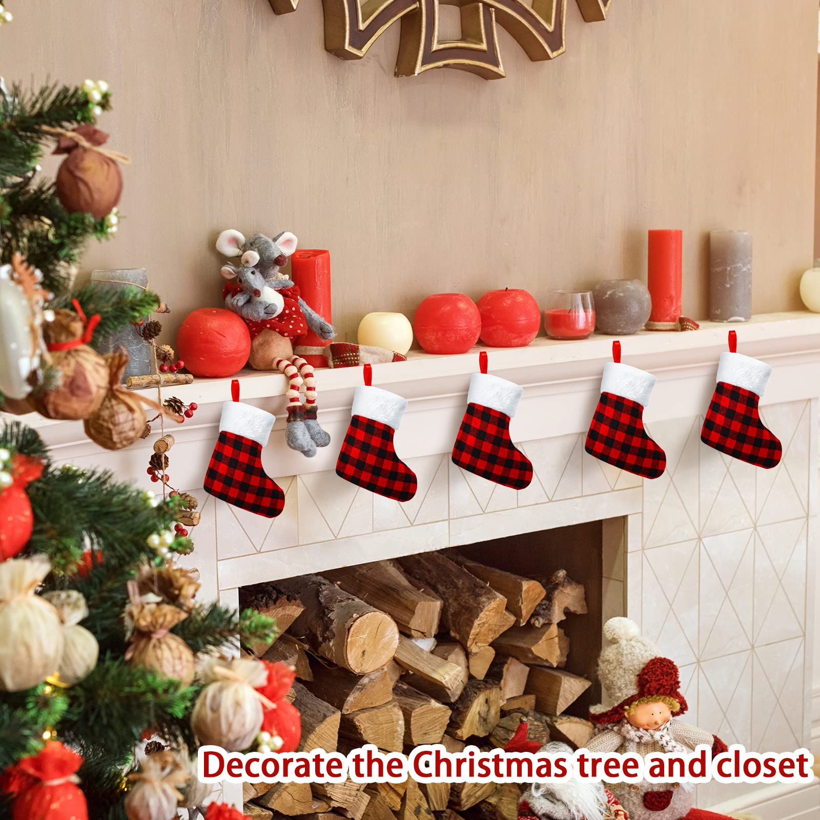 Honoson 60 Mini Christmas Stocking Bulk 5 Inch Red Black Buffalo Plaid Christmas Stocking Xmas Plush Cuff Stocks for Mantel Window Favor