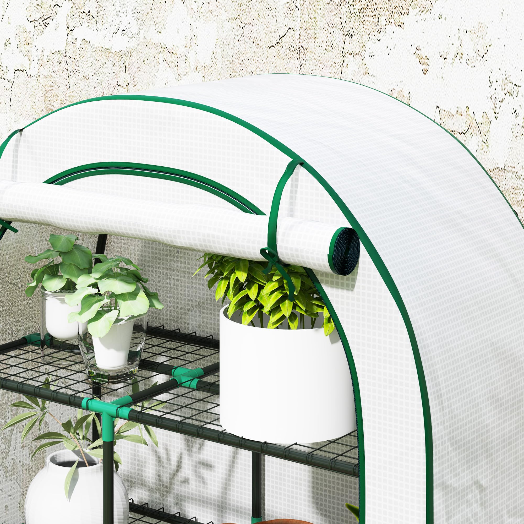 Outsunny Mini invern. Techo Redondo Puerta estantes 100x45x160cm Blanco | Invernadero de acero y film resistente al invierno, para balcón, jardín, tomates, verduras, flores