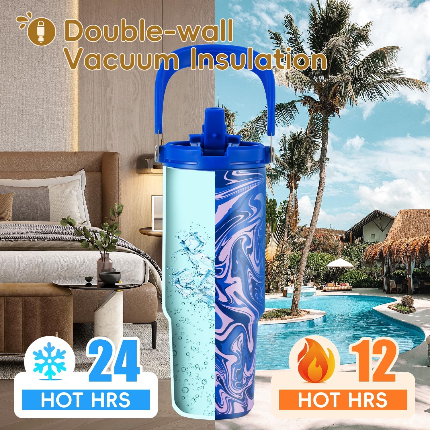 VUSIGN 30 oz Tumbler with Handle and Flip Straw, Stainless Steel Vacuum Insulated Water Bottle Travel Mug Thermal Cup for Home, Office, Car, Outdoors, Sports, Pool Swirl - Image 2