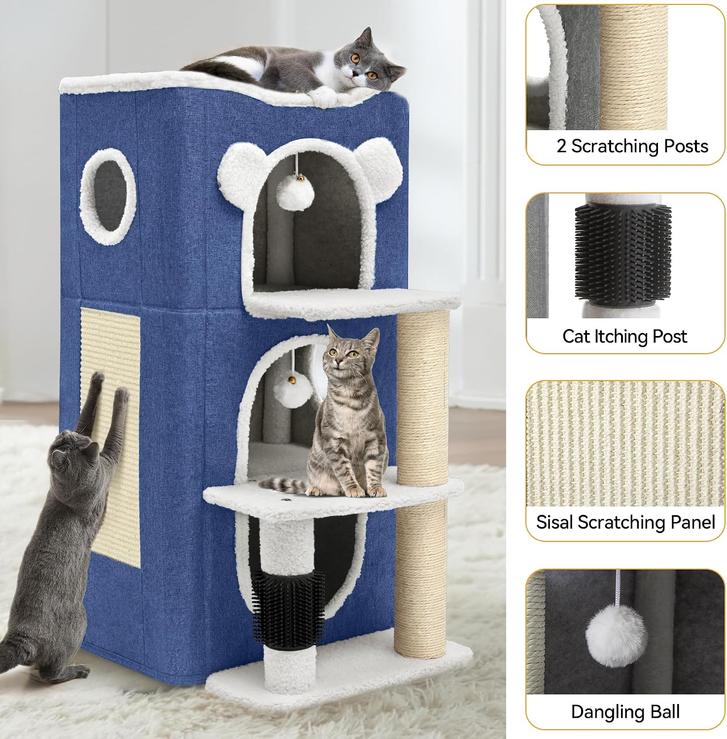 review YIATHOME 3 Storey Cat House, Cat Beds for Indoor Cats, Modern Cat Condo with Highway Cave, Scratch & Itching Post, Climbing Stand, Cat Cube Playhouse for Multi Kittens, Blue