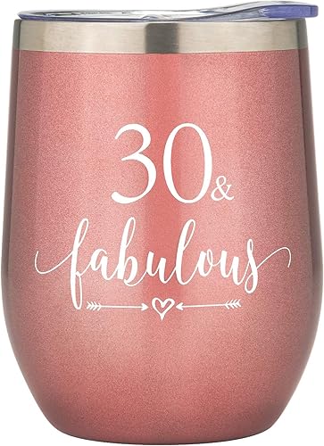 Crisky Vaso de vino de oro rosa con el número 30 y fabuloso para mujer, regalo de cumpleaños 30 para mujeres, esposa, mamá, hermana, tía, amigas,