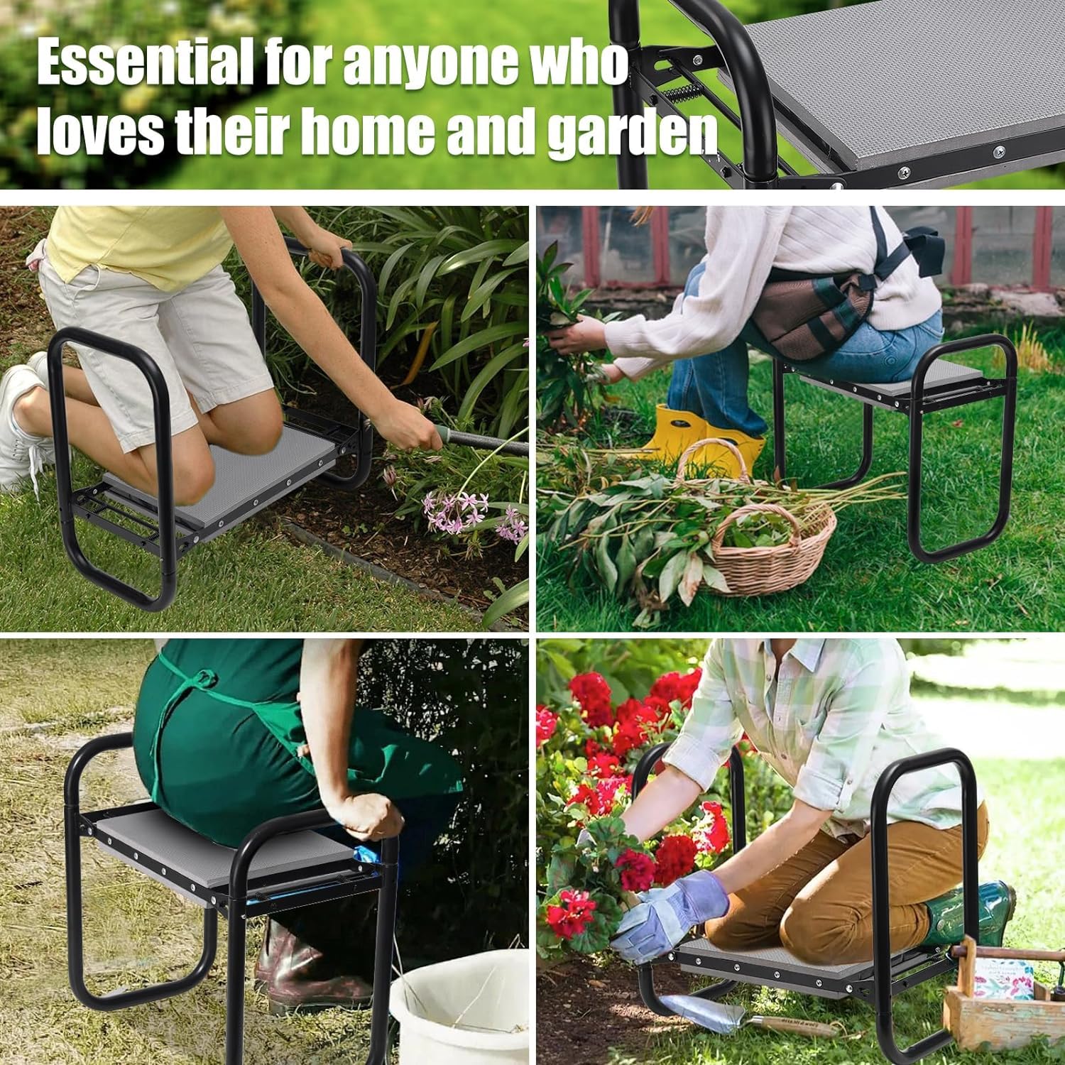Tabouret de Jardin Pliable, Banc Agenouilloir avec Coussin de Confort de 5 cm d'Epaisseur, Capacité de 180 kg pour Jardinage Banc de Jardin pour Seniors, Femmes, Hommes/Noir