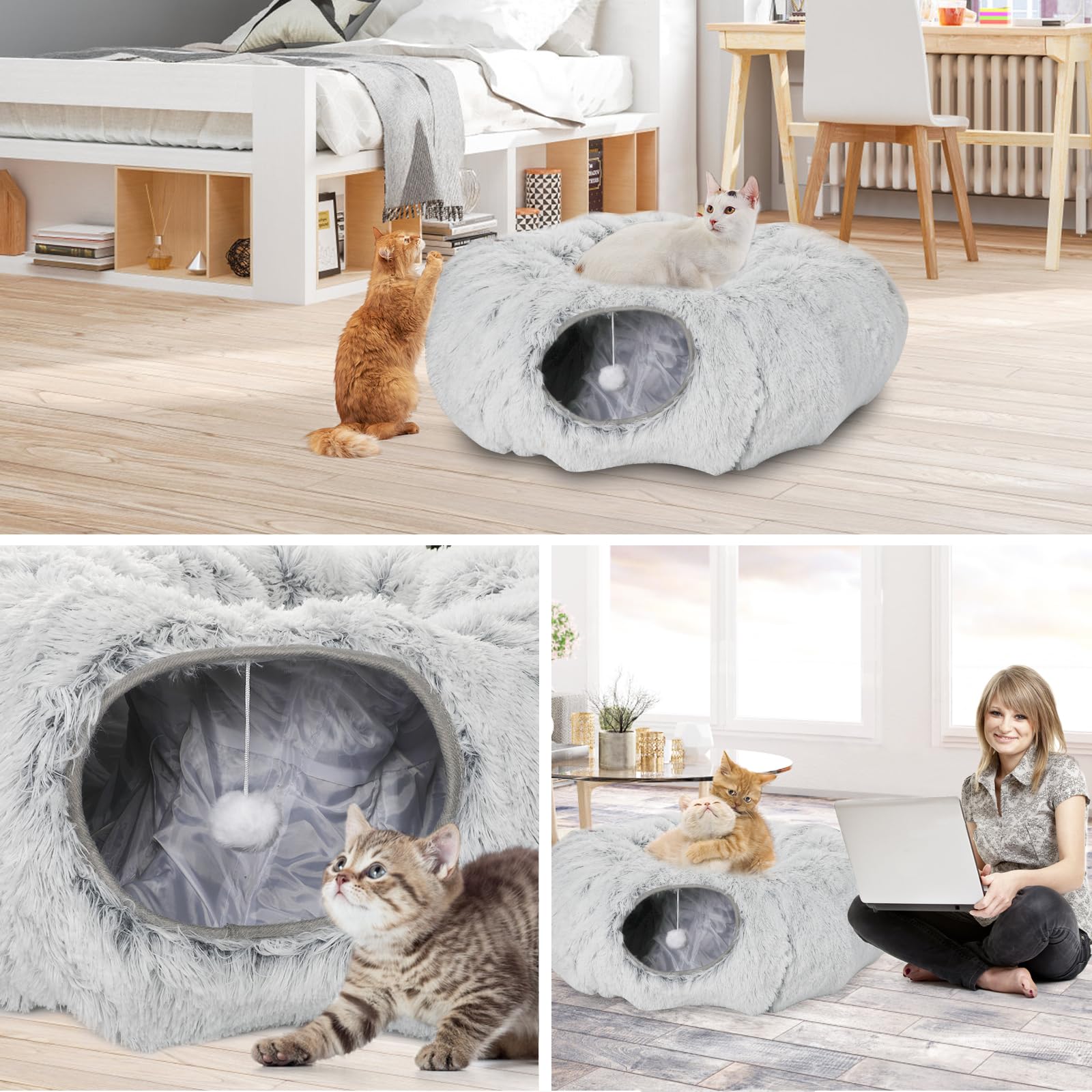 Túnel de felpa para gatos de interior, túnel plegable de dona para gatos con tapete central, tubo de cueva esponjoso para gatos con bola colgante para gato, gatito, conejo, cachorro, hurón