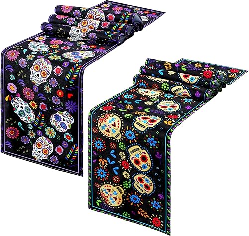 Peryiter Camino de mesa del Día de los Muertos, 2 piezas, decoración de lino con calavera de azúcar, caminos de mesa mexicanos para festivales,