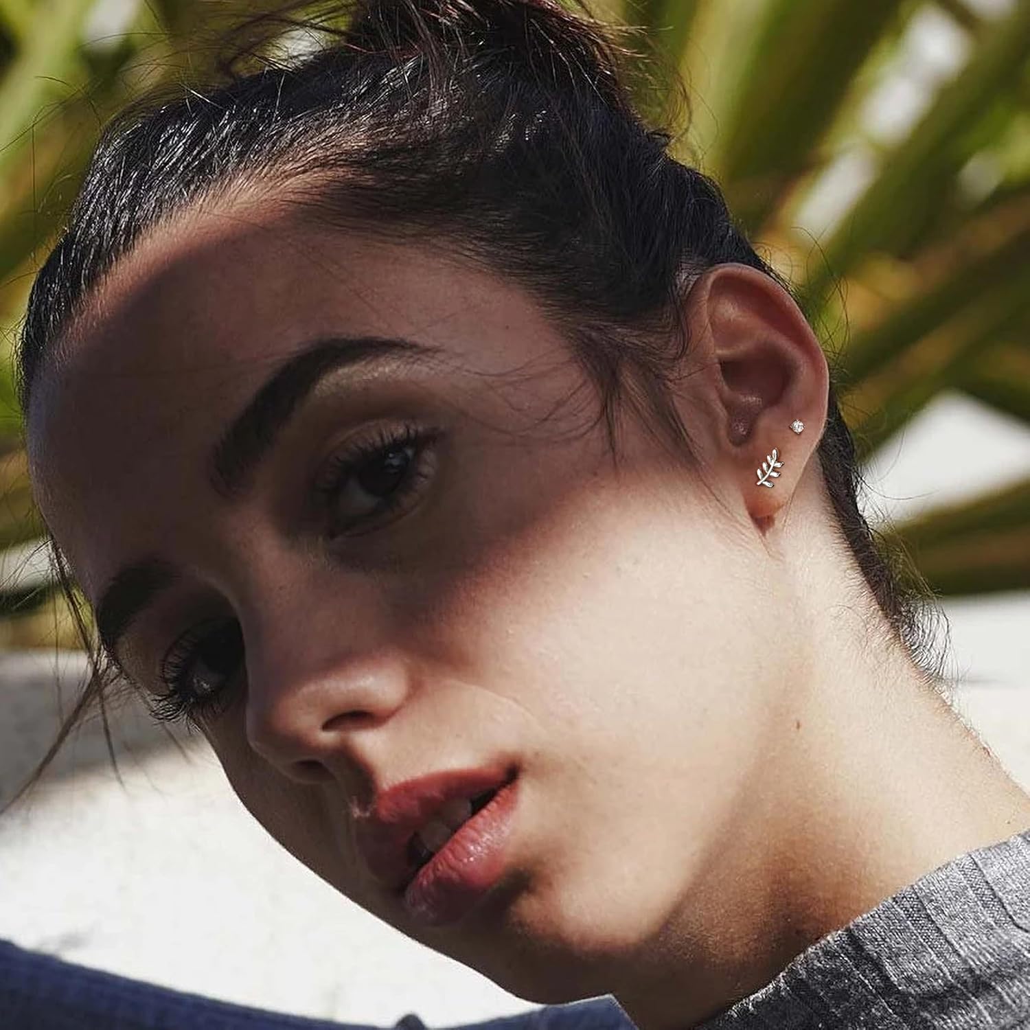 3 Pairs 14k CZ Gold Huggie Hoop Cartilage Earrings Set: Dainty CZ Stud Trendy Dangle Pearl Hoop Earrings Hypoallergenic Leaf Piercing Climber Huggie Earring for Women Gold Jewelry for Everyday - Image 5