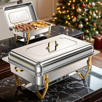 WARMOUNTS Rectangular Gold Chafing Dishes for Buffet with Upgraded Multi-Size Food Pans 9QT, 2Pack, Large Chafing Dish Set w/Mirror-Polished Stainless Steel, Rolled Rim, Foldable Frame for Party
