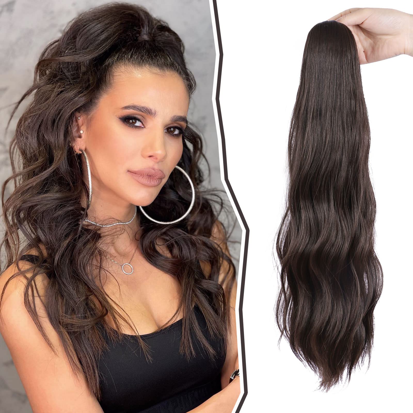 DOROJJ Long Drawstring Body Wave Ponytail Hair Extension Clip in Hair Wrap Around Drawstring Curly Wavy Synthetic Ponytail Hairpieces for Women 22 inches