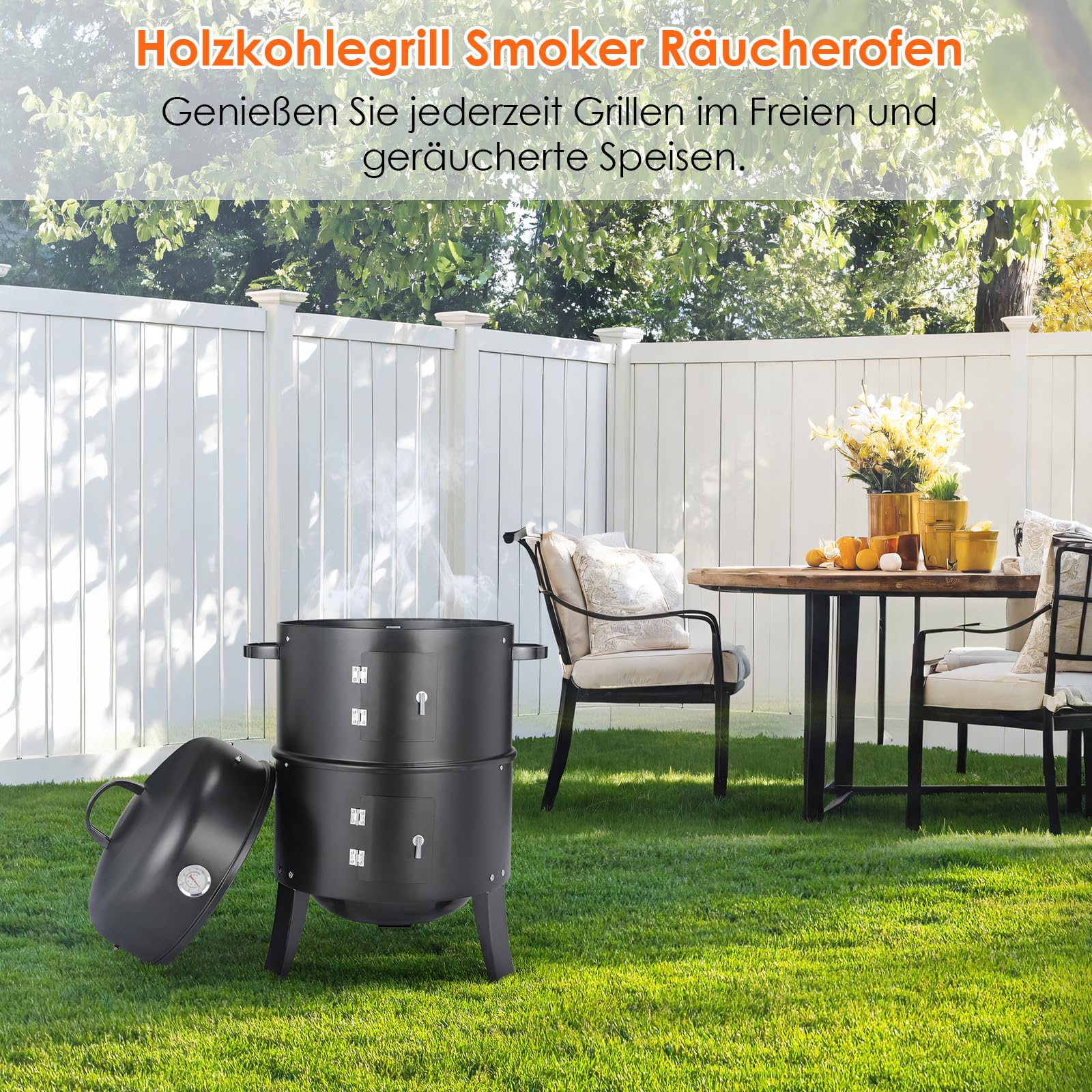 TLGREEN 3 w 1 Wędzarnia, Grill z Pokrywką, Termometr, 2 Ruszty ze Stali Nierdzewnej, 2 Emaliowane Tacki na Wodę, Beczka Wędzarnicza z Uchwytem, BBQ Smoker, Grill Węglowy, do Wędzenia i Grillowania