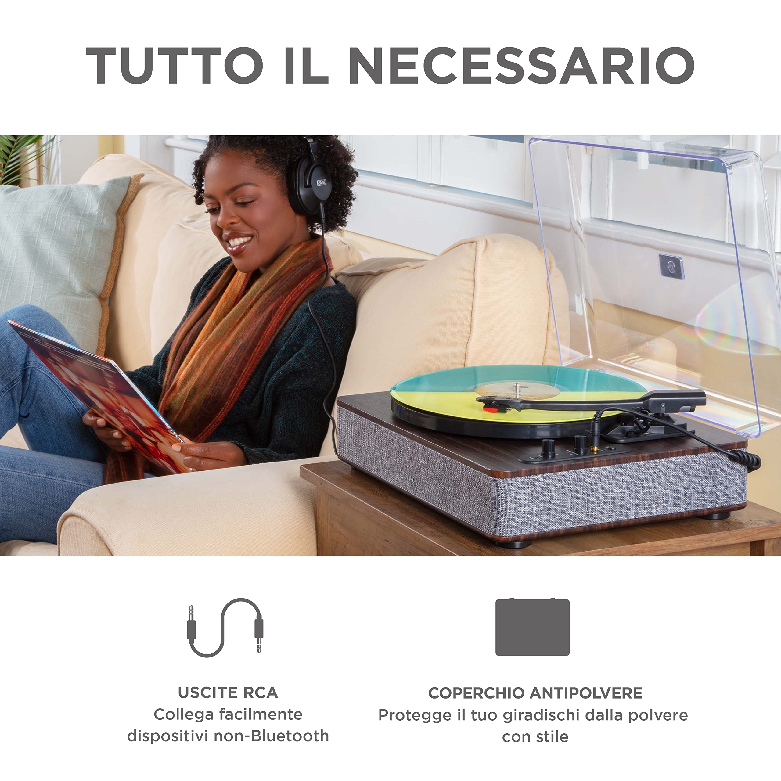 ION Audio Luxe LP - Giradischi Vinili Bluetooth con Casse, Conversione USB, Piatto Full Size, Funzione Auto-Stop, Uscita Cuffie e 3 Velocità, Marrone | Conversione USB, piatto di dimensioni intere, arresto automatico, uscita cuffie, 3 velocità