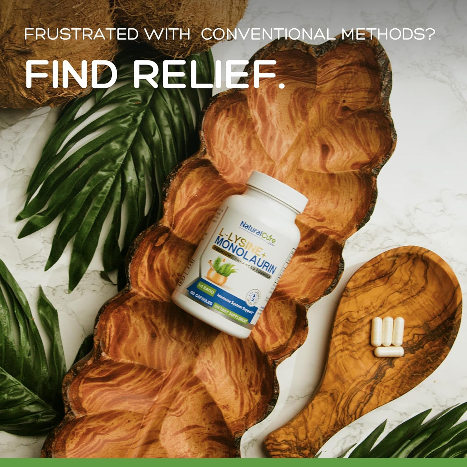 Natural Cure Labs L-Lysine with Monolaurin 600mg 1:1 Ratio, 100 Capsules