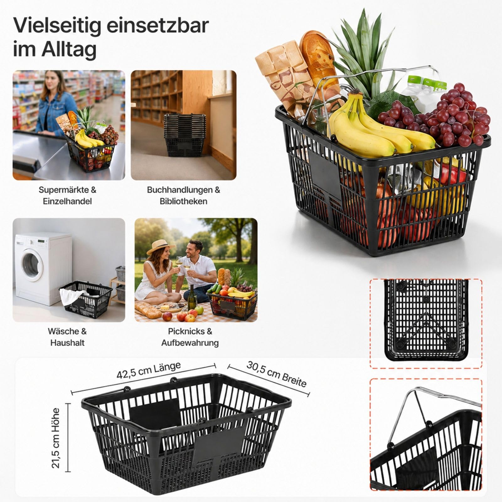 Einkaufskorb aus Kunststoff, 12er-Pack, 21 L, schwarz, stapelbar, mit Metallgriffen, engmaschige Struktur, für Lebensmittelgeschäft, Einzelhandel und Supermarkt