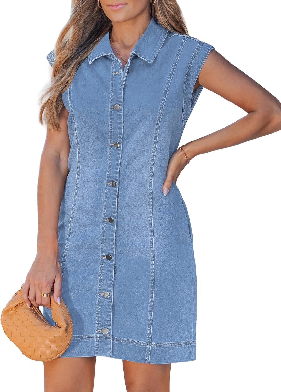 GRAPENT Denim Dress for Women Stretchy Cap Sleeve Button Down Casual Collared Above Knee Short Jean Dresses with Pockets