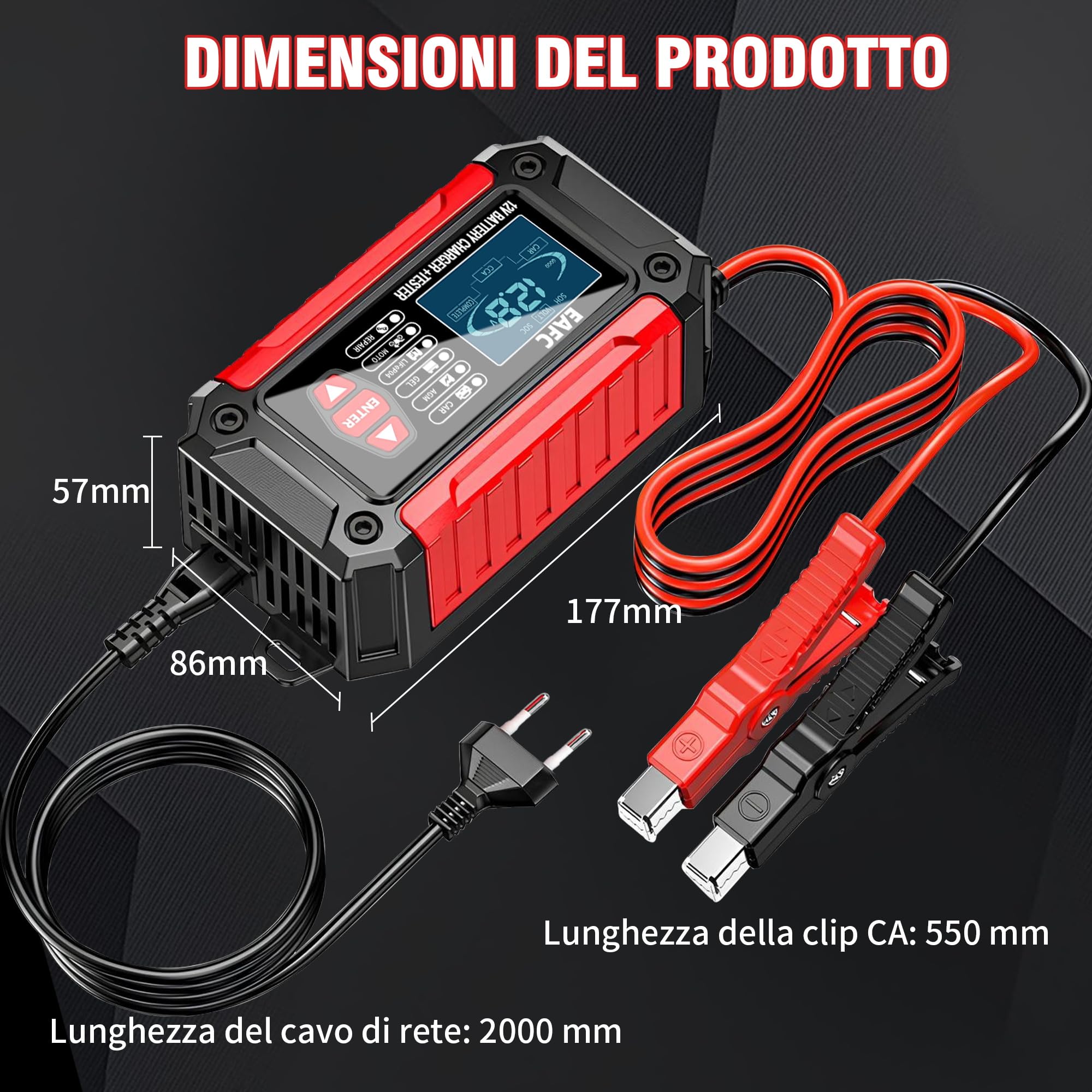 Tester Batteria Auto, 12V 6A Tester per Batterie, del Caricatore e LiFePO4 Strumento Diagnostico della Batteria per Auto Moto Barche SUV e Camion