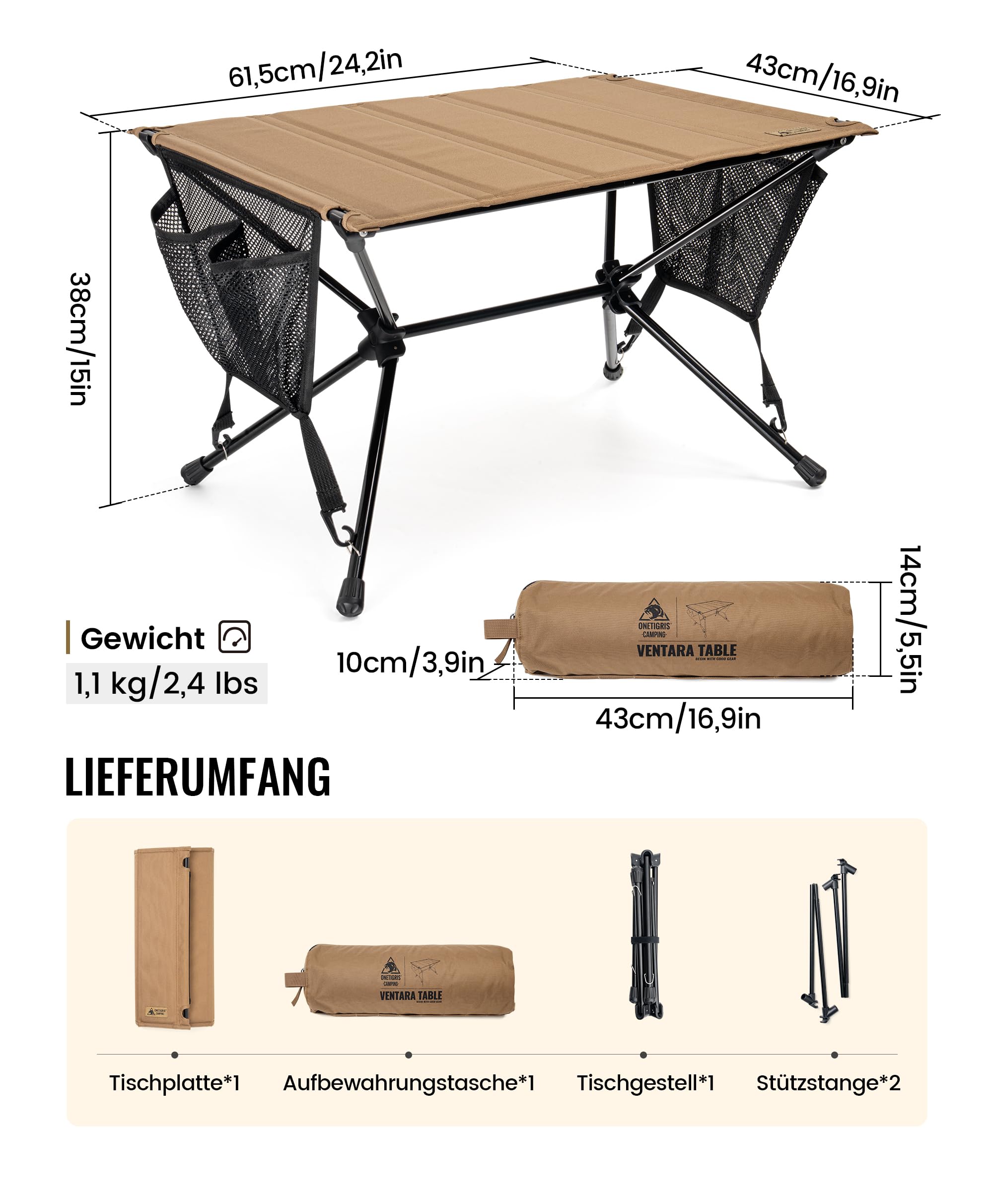 OneTigris VENTARA faltbar Campingtisch klappbar, Camping Tisch Klapptisch mit Tragetasche und Netztasche, Kleiner Tisch Outdoor Ultraleicht für Angeln Wandern 61,5 x 43 x 38 cm (Kojote Braun)