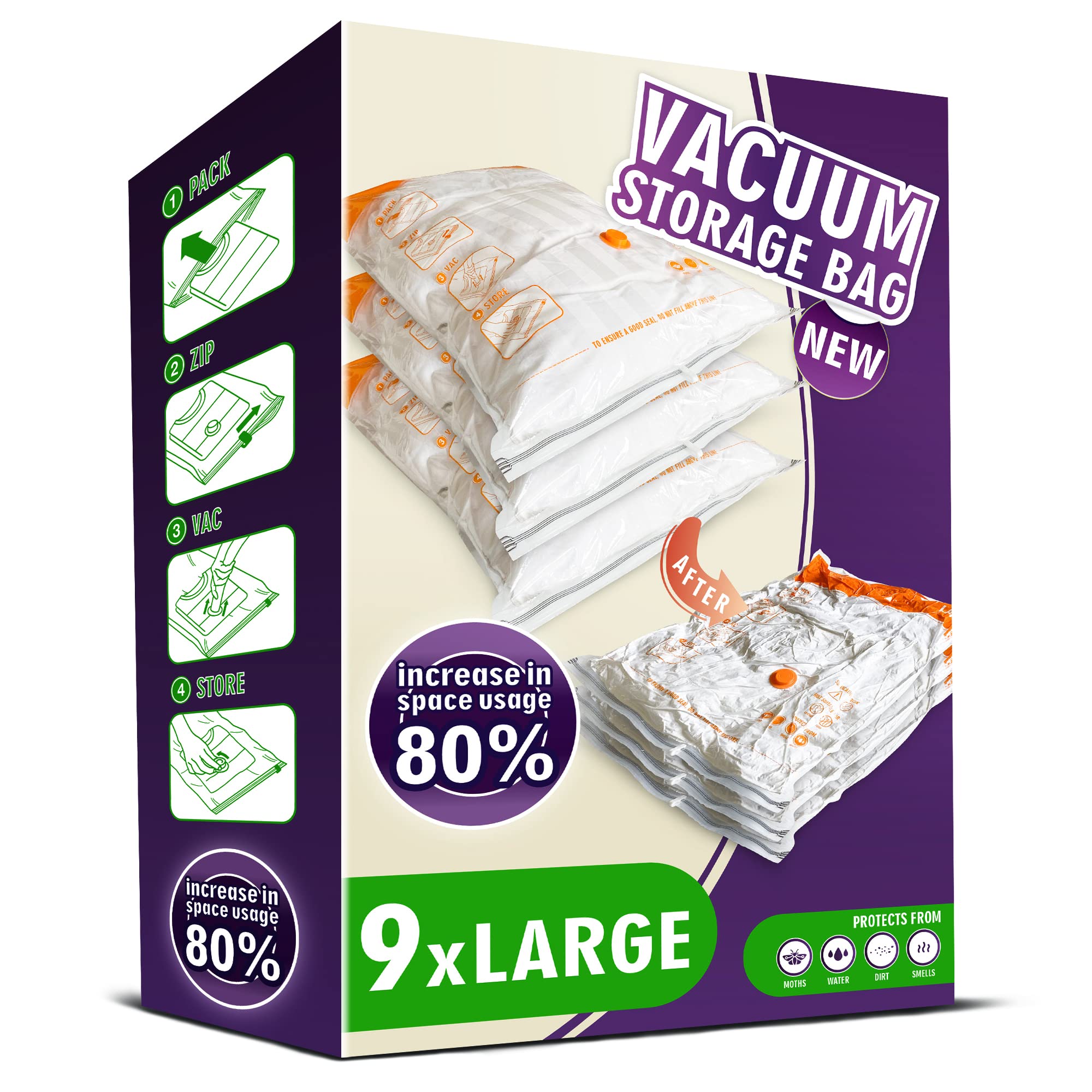 Storage Master 9 Pack L Space Saver Bags For Travel And Home Reusable Vacuum Storage Bags Save 80% More Storage Space Work With Vacuum Cleaner (9 Large, No Pump Included)