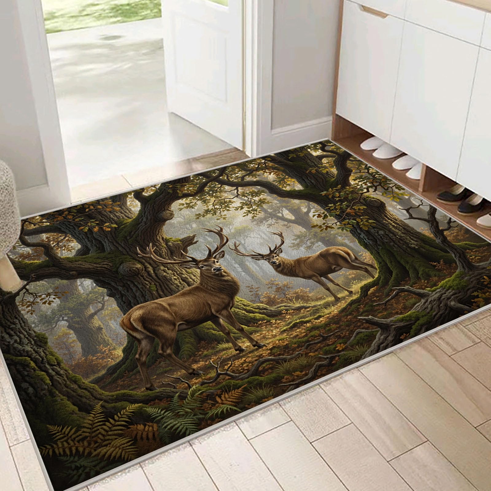 Tapis d'entrée intérieur 80 x 120 cm cerfs forêt antidérapant lavable
