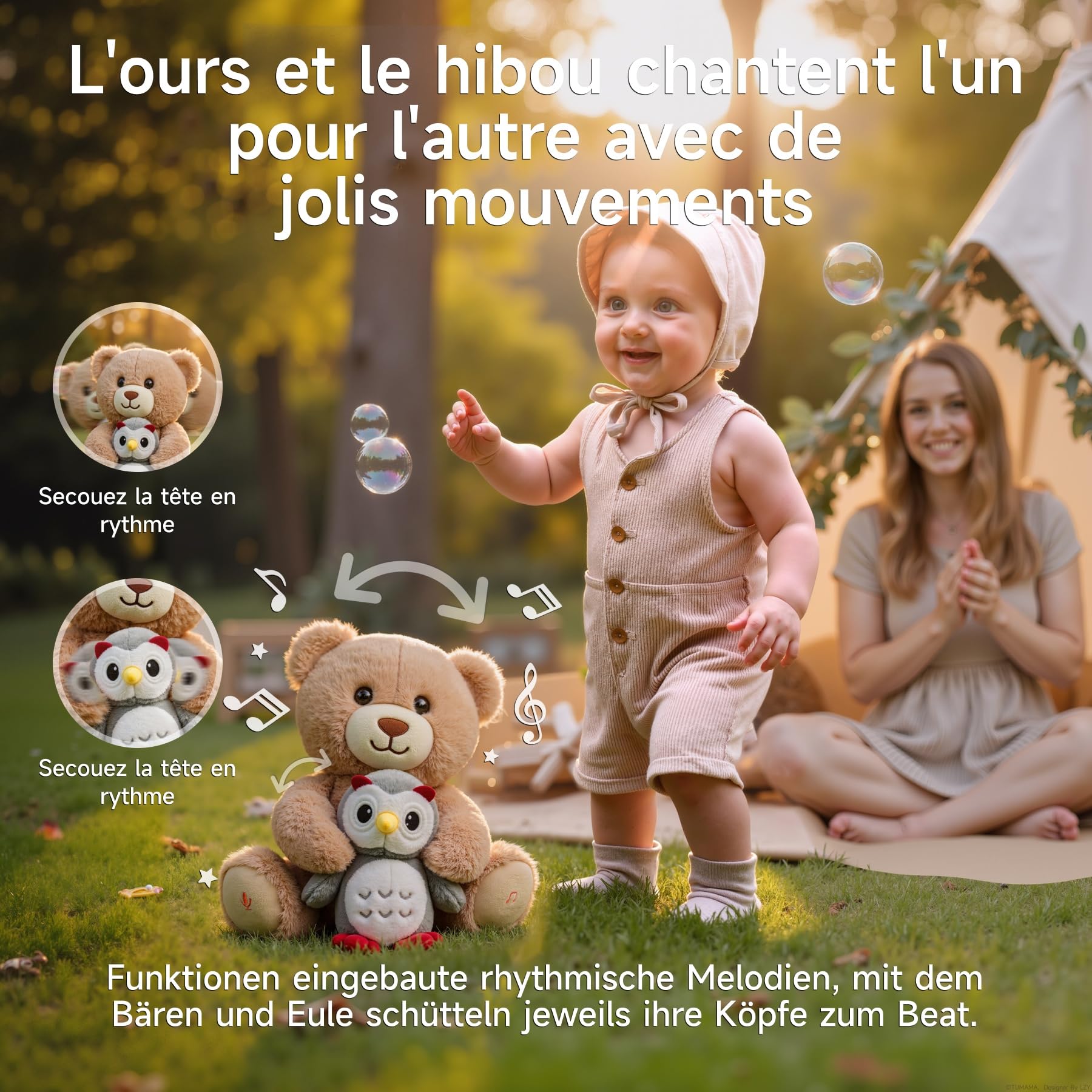 Ours en Peluche Musicale avec Hibou, Nounours Interactive Parlant, Jouet en Peluche Qui Enregistre et Répète, Cadeau pour Bébé Fille Garçon