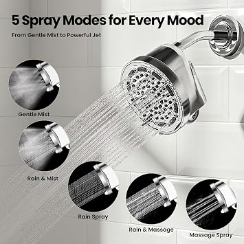JOMOO 6 inch Rain Shower Head with Filter, High Pressure 5-Spray Mode Fixed Showerhead with Replaceable Filter Cartridge for Hard Water Remove Chlorine, Water Saving Bathroom Rainfall Shower Head