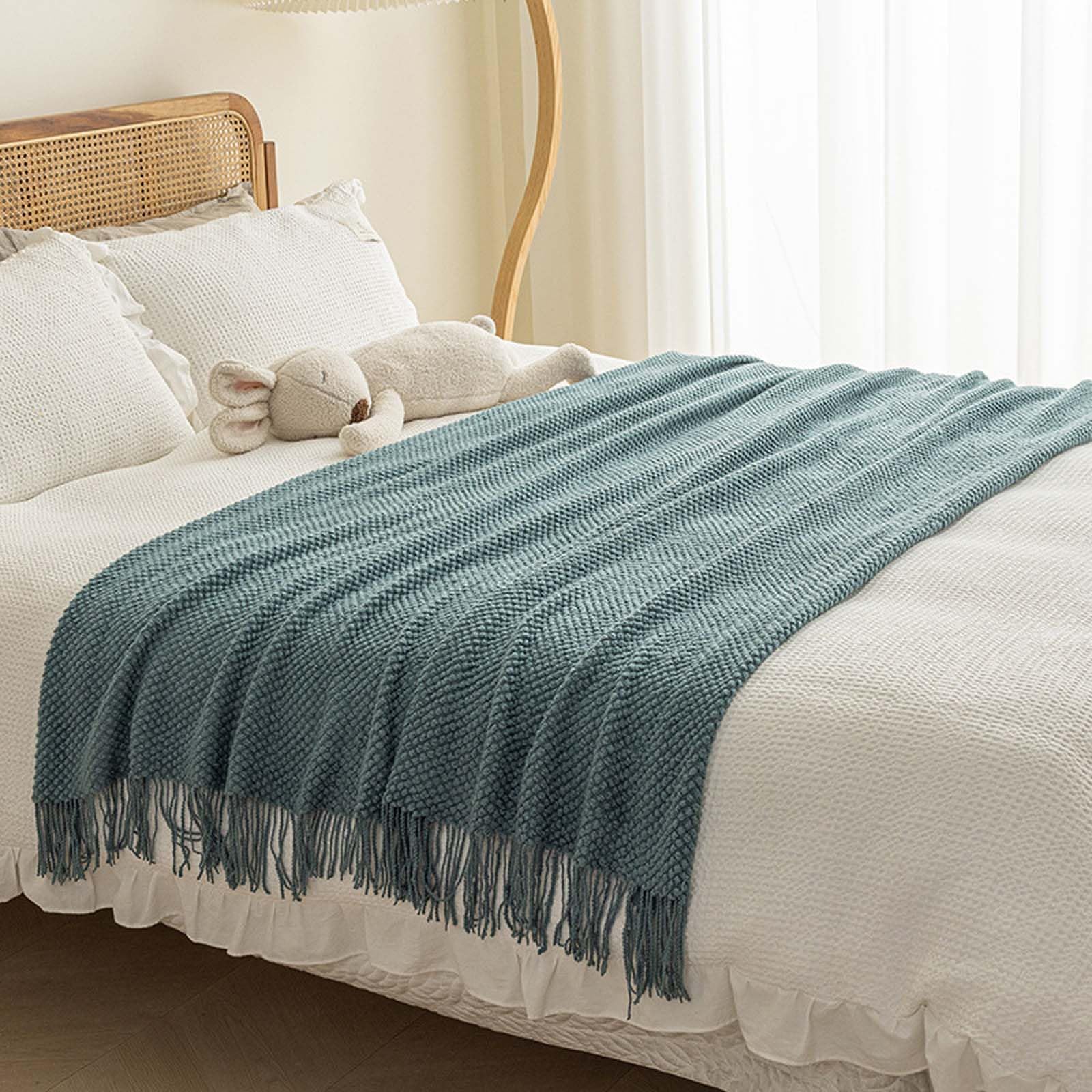 Couverture en tricot à bulles thermorégulatrice avec franges et pompons