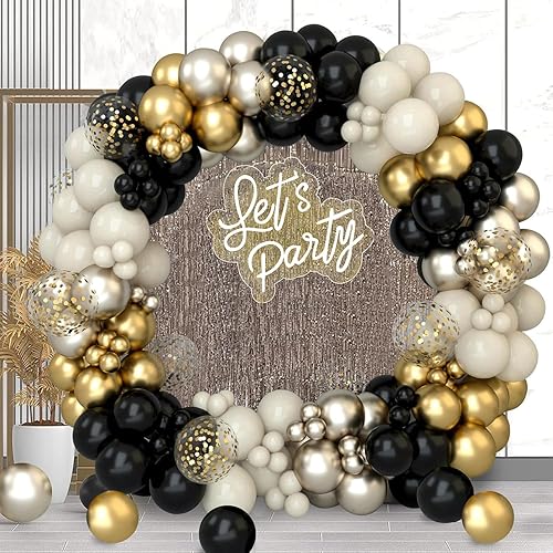 Kit de arco de guirnalda de globos negros y dorados para decoraciones de cumpleaños 50 2025, 152 piezas globos de fiesta de confeti de arena blanca