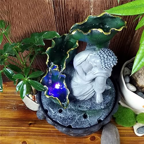 Miniatura 7 de Fuente de agua pequeña de mesa de 11 pulgadas con estatua de Buda de flujo de agua y luces LED, cascada decorativa para interiores y exteriores,