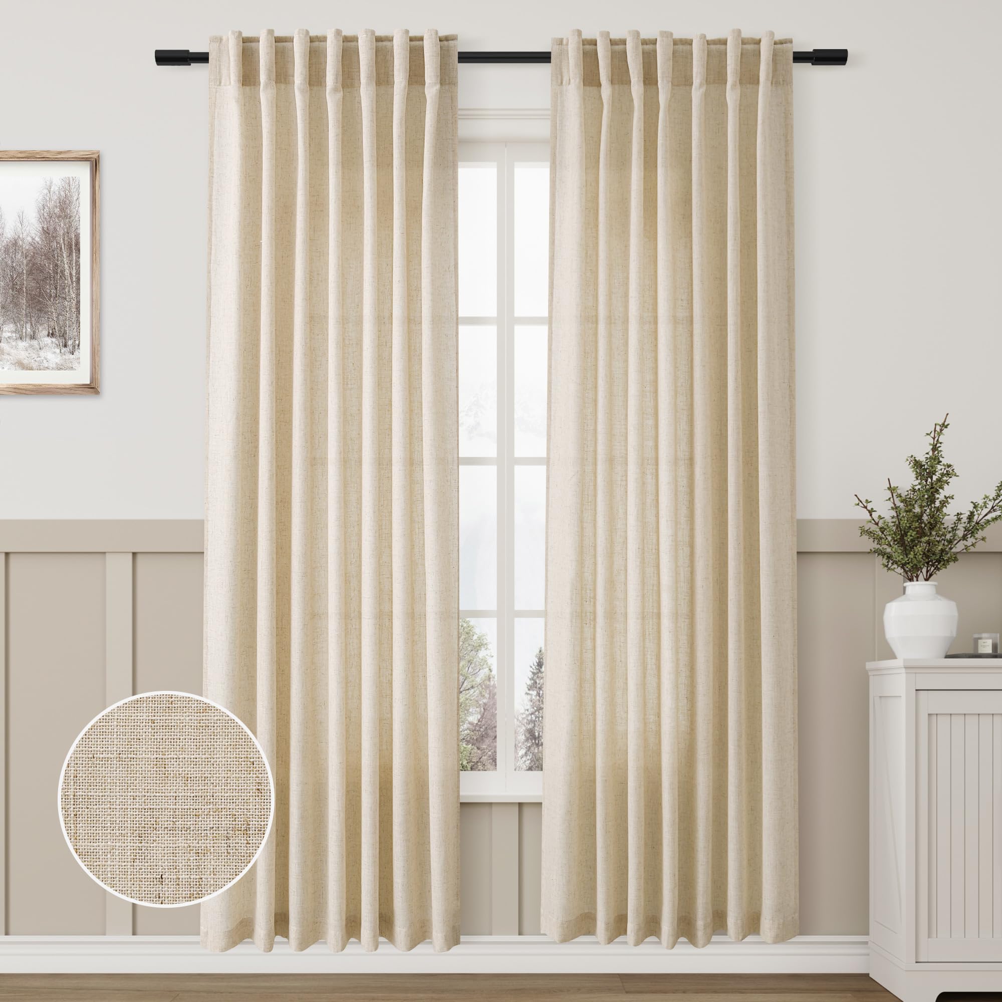 Back Tab Linen Beige Curtain Panels 80 Inches Long Light Filtering Semi Sheer Pleated Drapes for Living Room Faux Linen Blend Country Rustic Farmhouse Privacy Canvas Cloth Window Curtain Set of 2